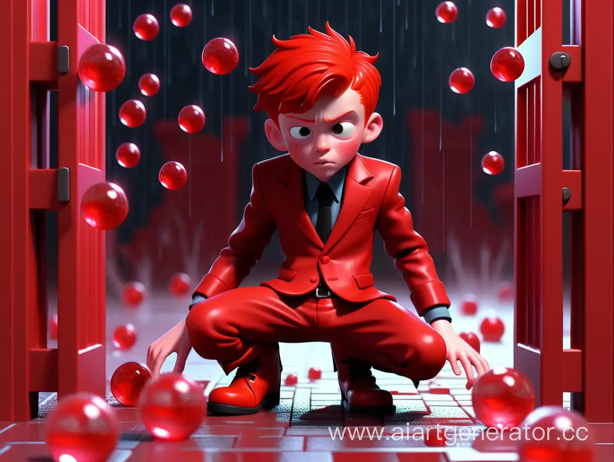 на красном фоне  в красном цвете  мальчик  с красными волосами, красным костюмом и красными ботинками стоит под воротами а на него льется дождь из красных кристальных шариков которые падают и лежат на полу
 3д анимация  