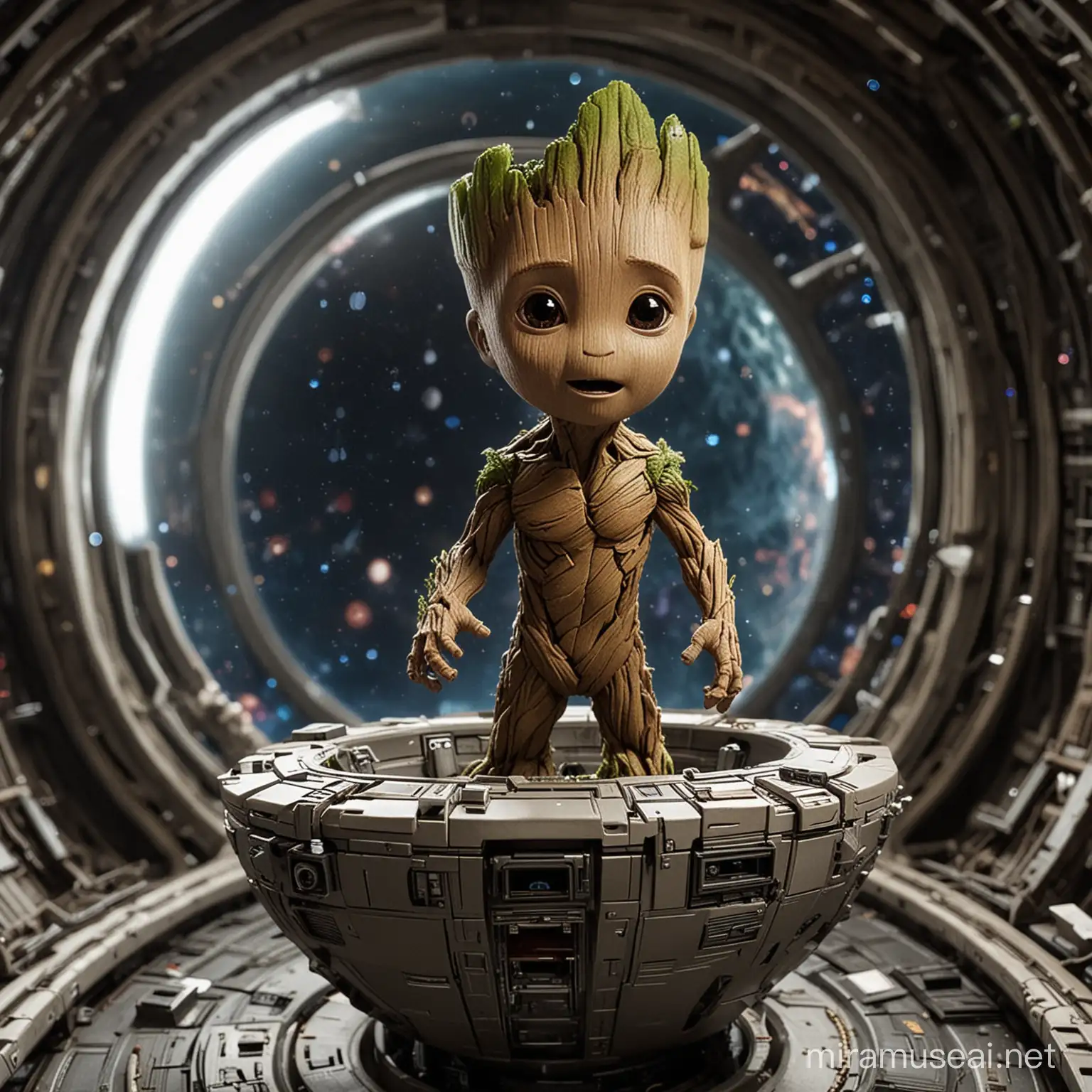 Baby Groot egy űrhajón
