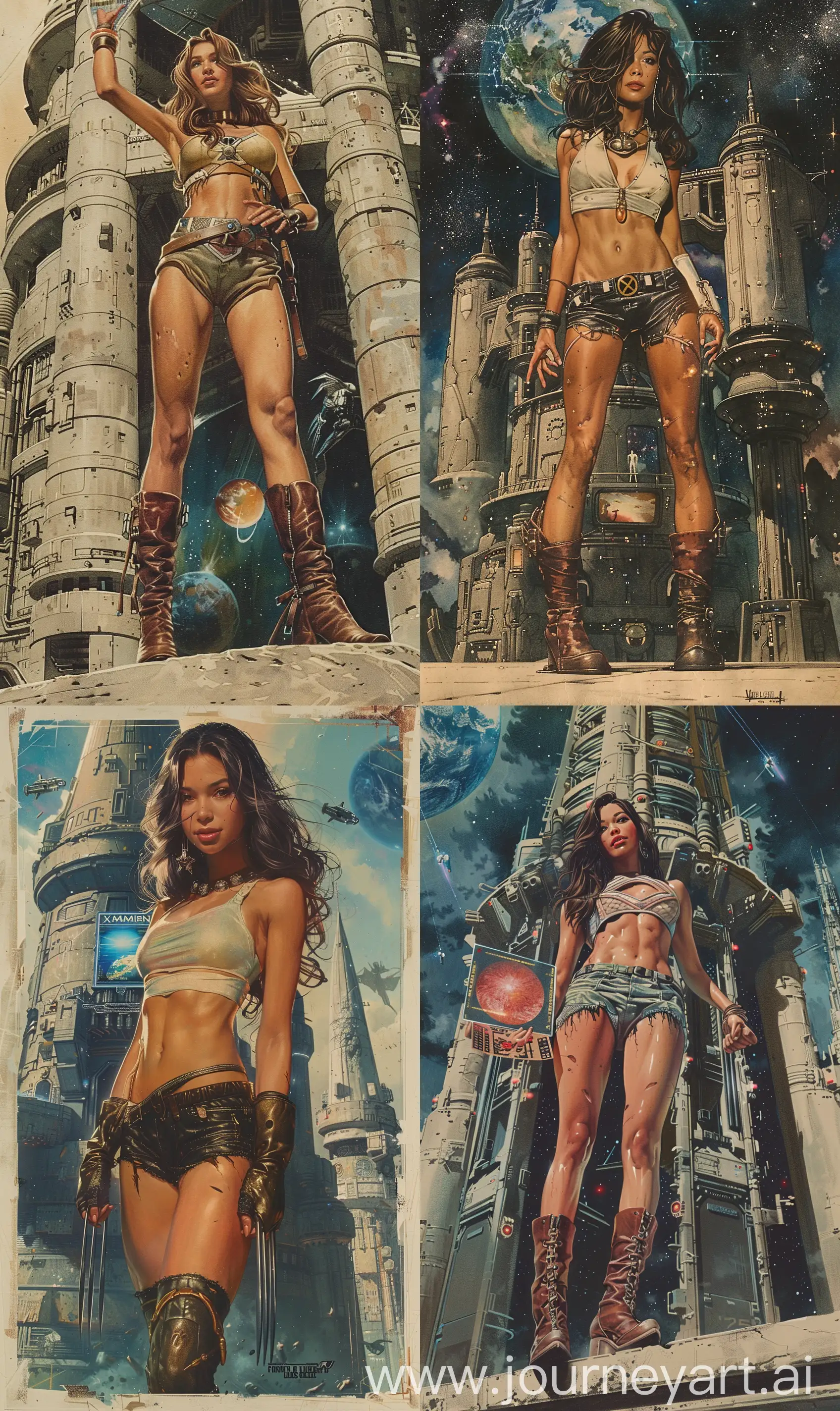 Future there's town of space stargate, standing on the spaceport a fantastic spacewarrior-queen in a halter top, short shorts and leather high boots, holding a hologram of our planet, on the back of a cyberport tower of wizards and spacemagic, Jim Lee and Luis Royo style, features, ancient, highly detailed, action poses, awesome face, complex, ultradetailing color composition, pencil art, X-Men comic book cover --v 6.0 --ar 9:15 --s 500