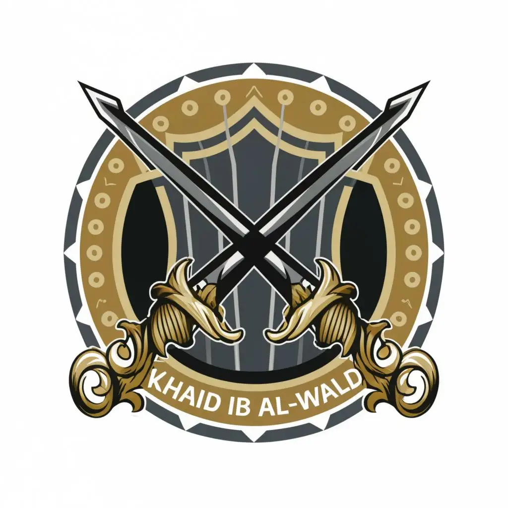 logo, Round shape Shield with swords, with the text "Khalid ibn al-Walid", typography, be used in Automotive industry