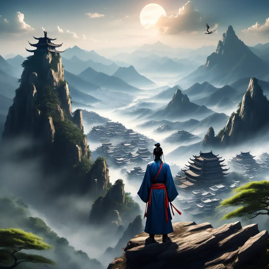 a wuxia disciple on a mountain looking across a valley with one building and three mountain peaks