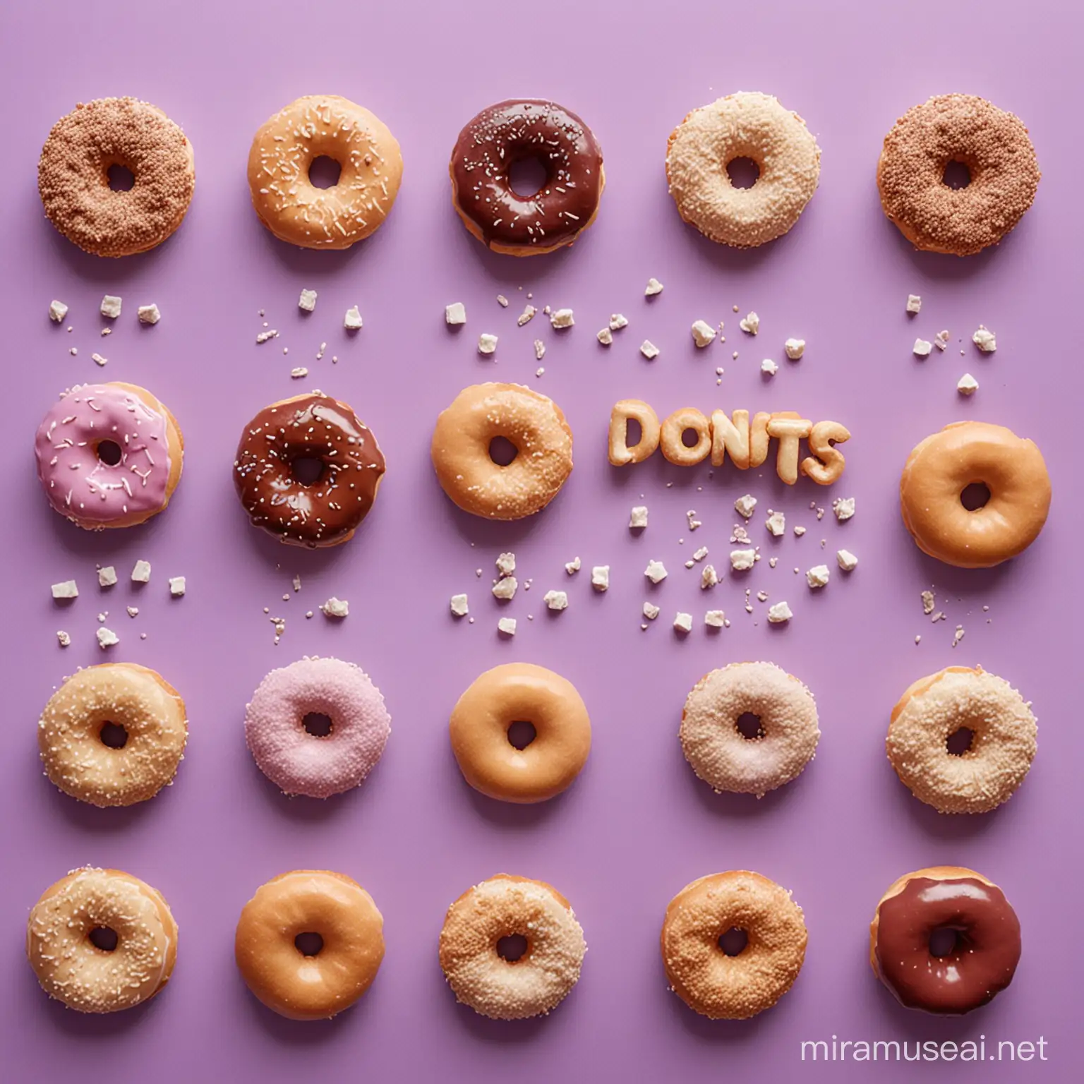 Assorted Ingredients on Light Purple Background Donuts Oats Sugar Cubes Potatoes and More