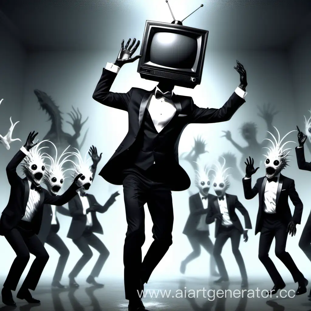 A man wearing a black tuxedo and with a television perched on his head is dancing away from the terrifying creatures of the SCP Foundation.