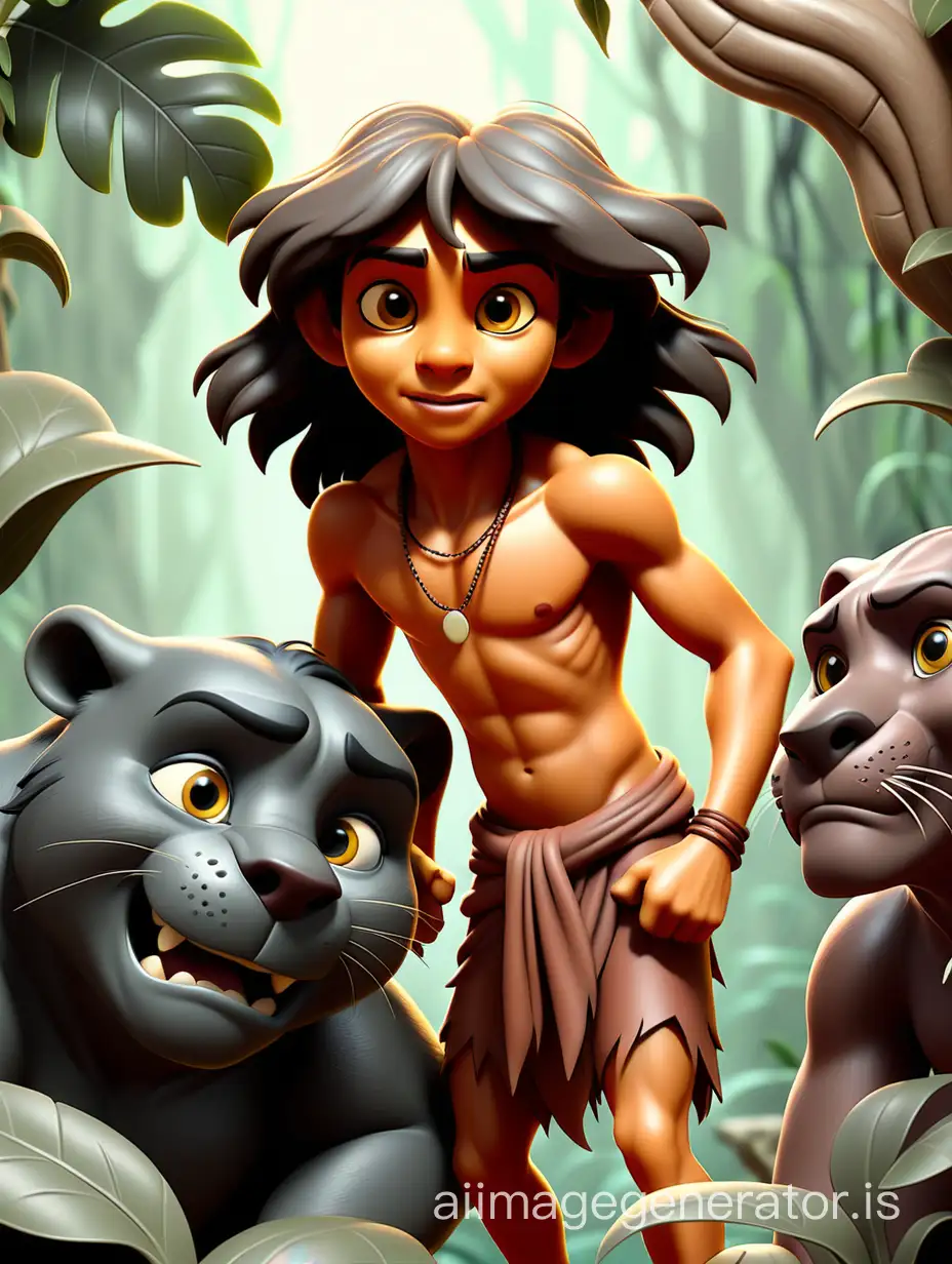Create an advertisement for the book "Mowgli" but as a coloring book. Several options. And so that there are no small touches. The advertisement should have Mowgli, Baloo, Bagheera, Kaa and Sher-han.It should also be written by Rudyard Kipling, and the title of the work is "Mowgli