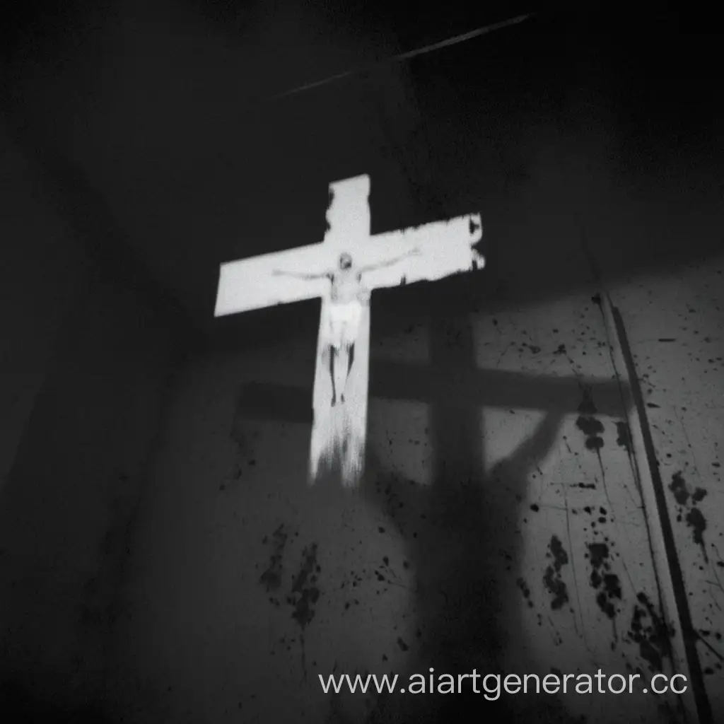The inverted cross, outlast 2, black and white photo, interference on the film