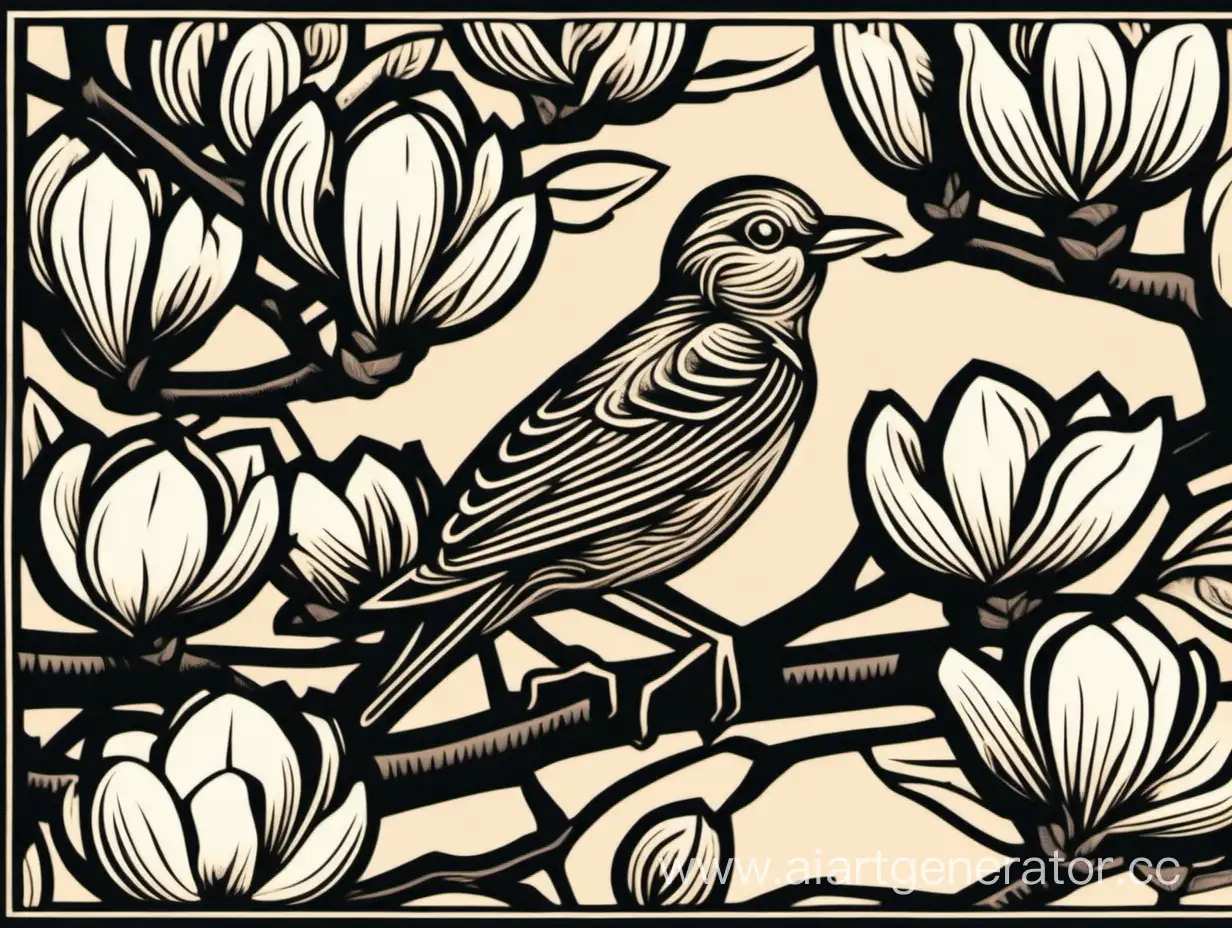 Bird-Perched-on-Magnolia-Tree-Linocut-Style-Nature-Art