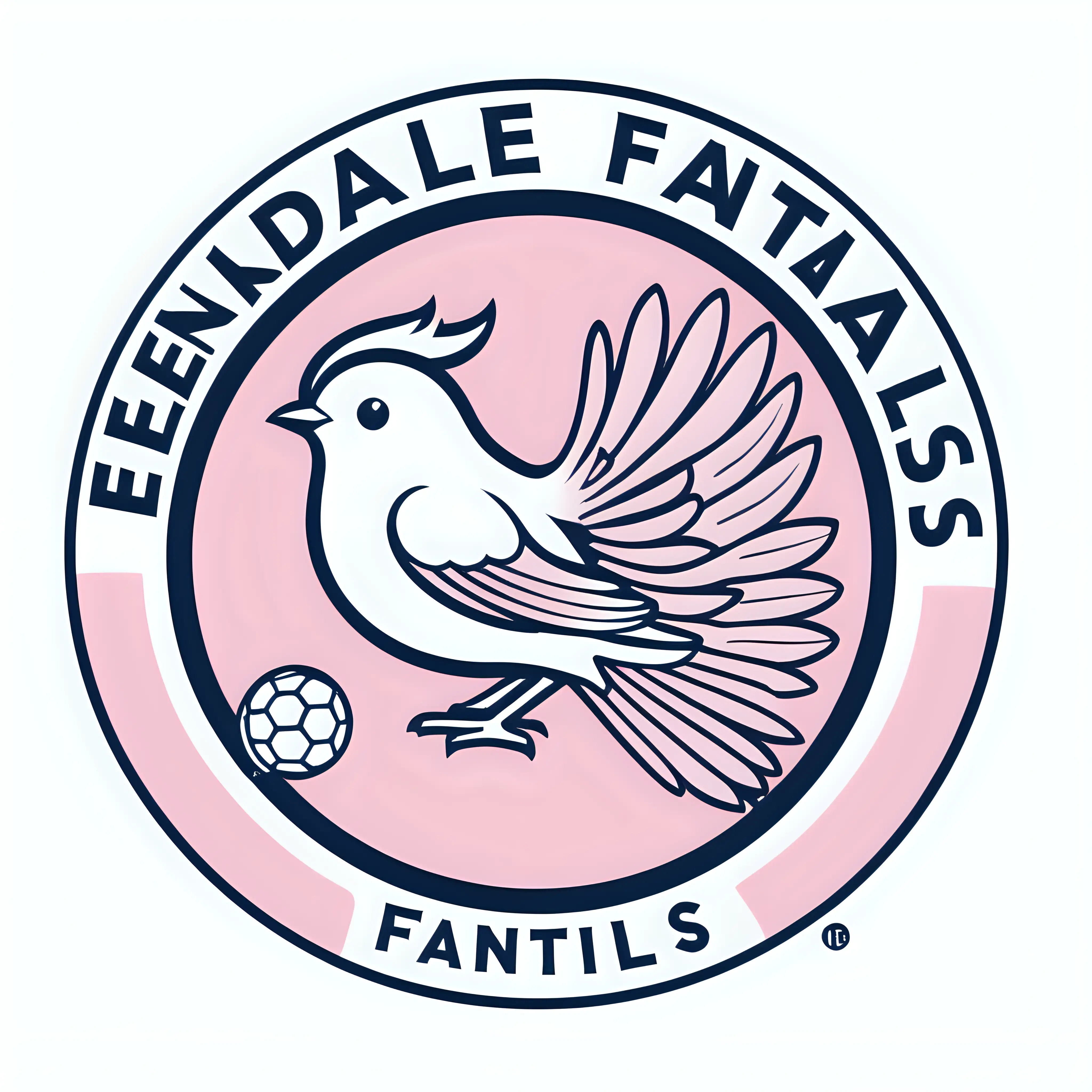 Circular sports team logo with a Fantail bird with its tail open in pastel pink on a white background with the words "Edendale Fantails" with a football