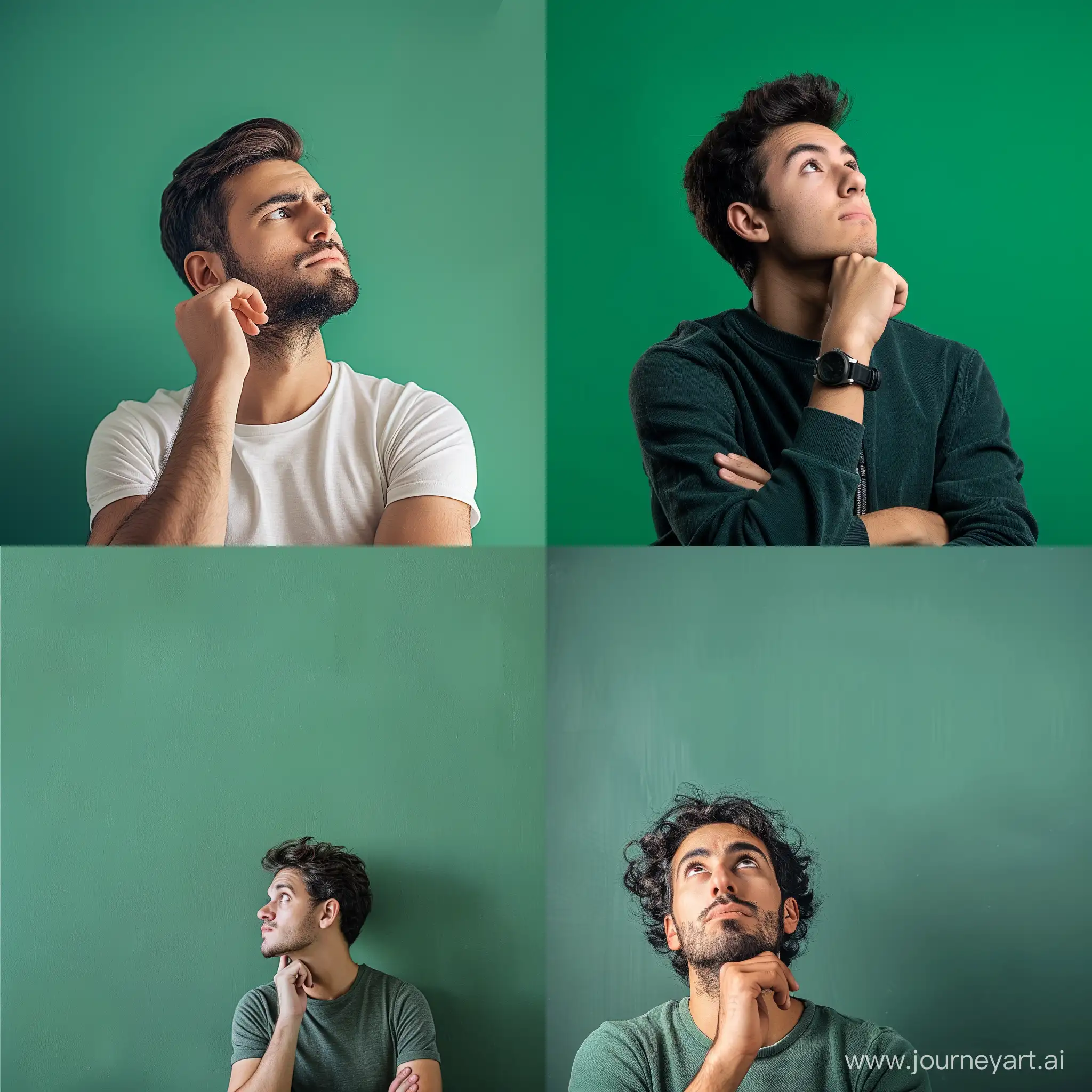 A man thinking and with a green background