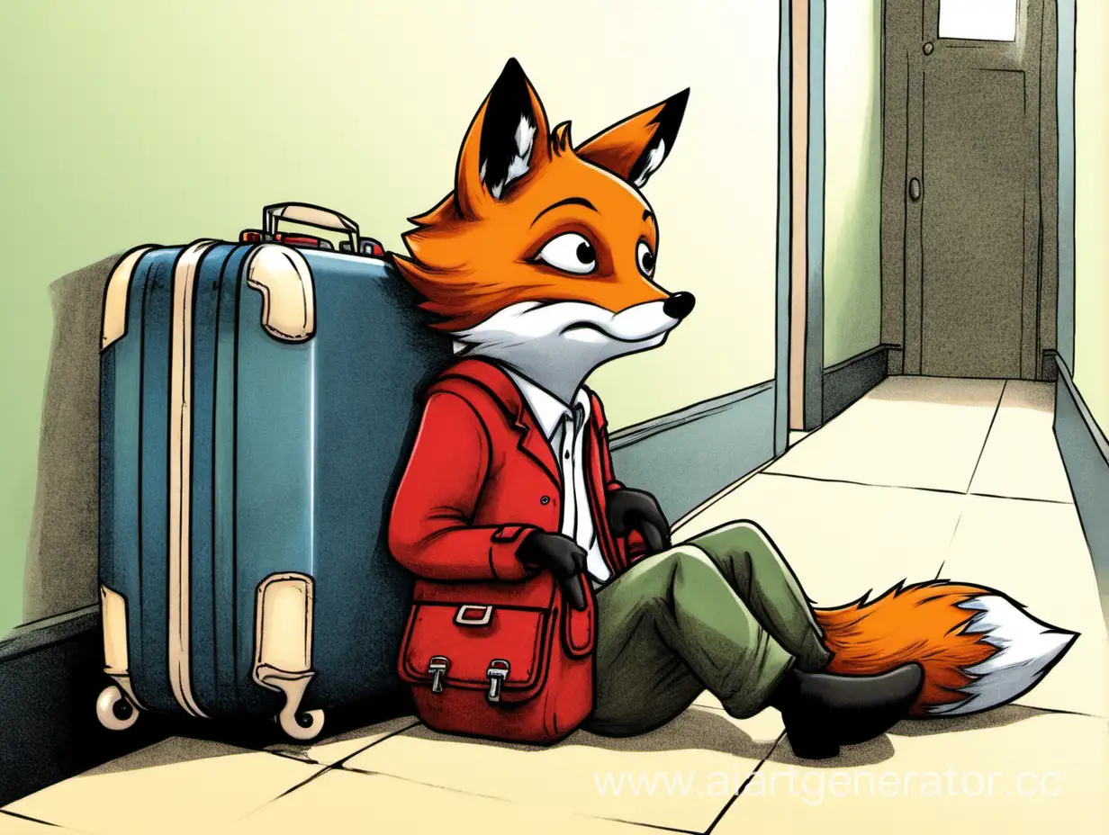 Маленький рыжий лисёнок, сидя, недовольно собирает чемодан в прихожей.