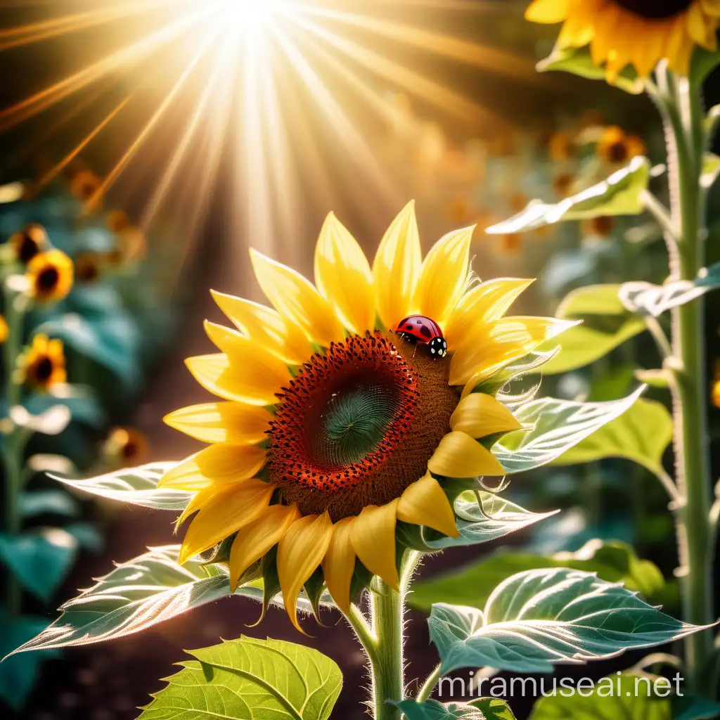 beautiful sunflower with sun rays and ladybugs in a beautiful garden path