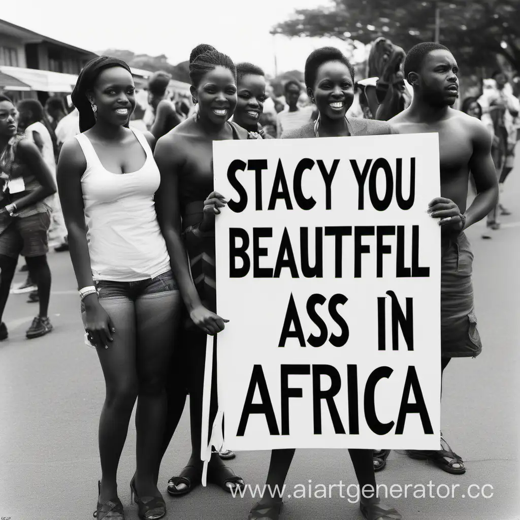 Чернокожие люди держат плакат а там написано  " Stacy, you have the most beautiful ass in Africa" 