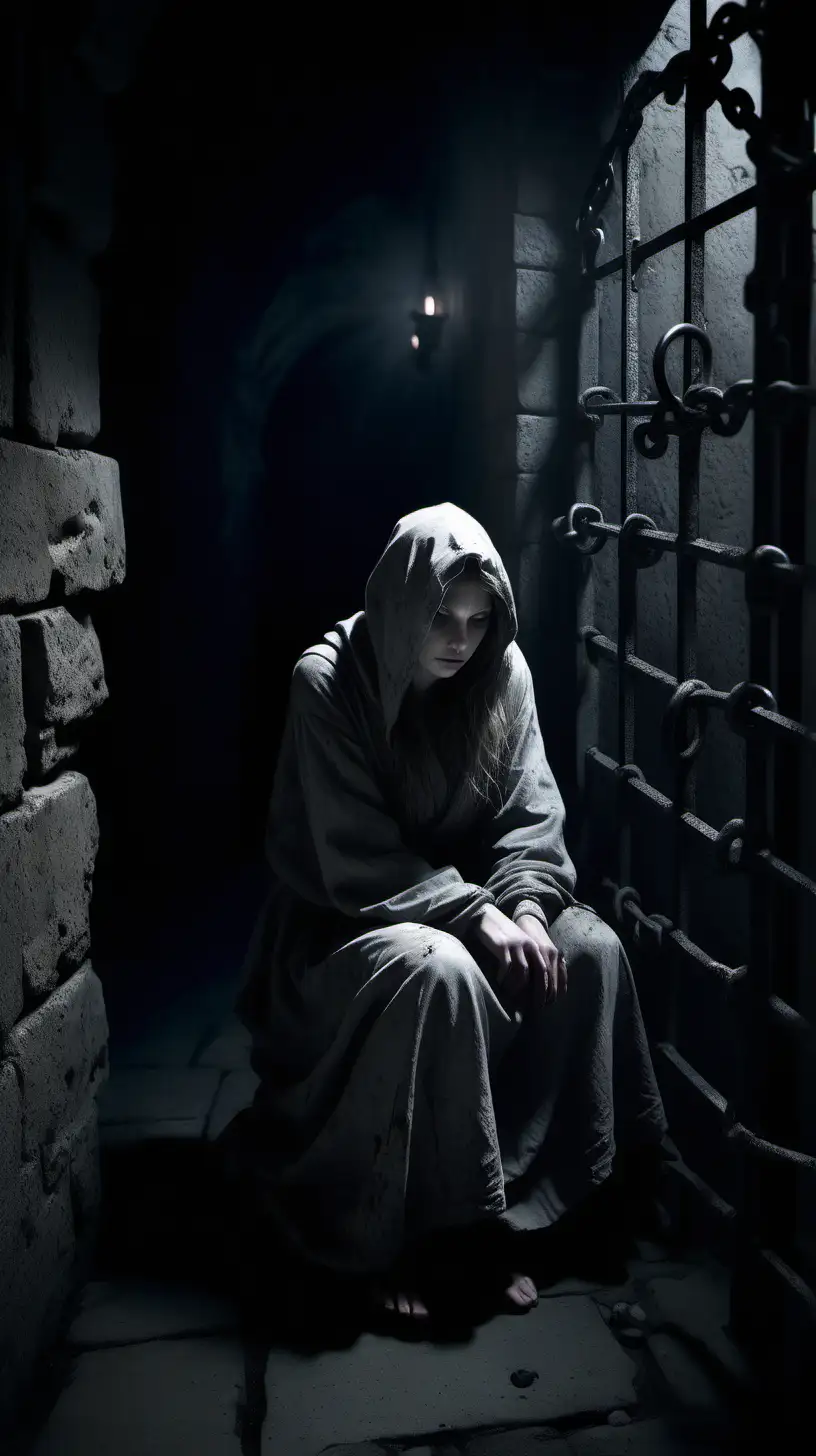 Medieval Dungeon Captive Womans Determined Hope Amidst Shadows