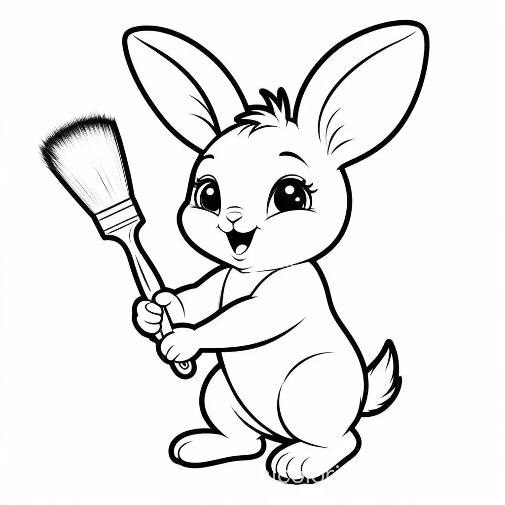 Baby rabbit hold a brush, Coloring Page, black and white, line art, white background, Simplicity, Ample White Space. The background of the coloring page is plain white to make it easy for young children to color within the lines. The outlines of all the subjects are easy to distinguish, making it simple for kids to color without too much difficulty
