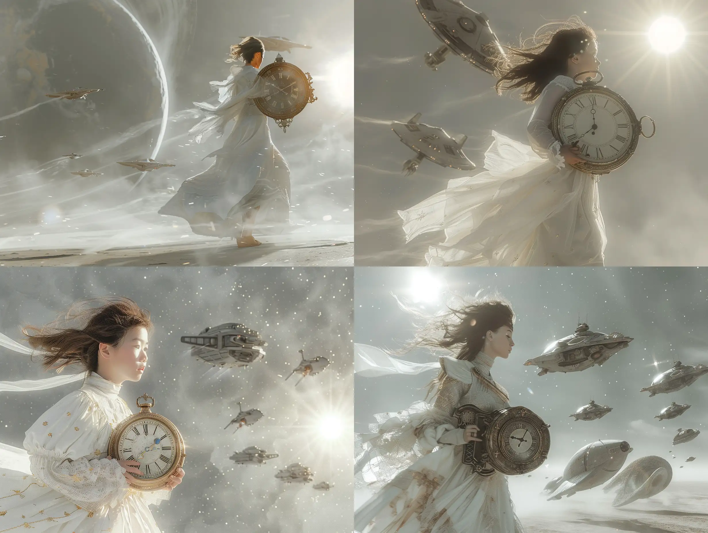 Mystical-Girl-with-Antique-Clock-Ethereal-Journey-Amidst-Space-Ships