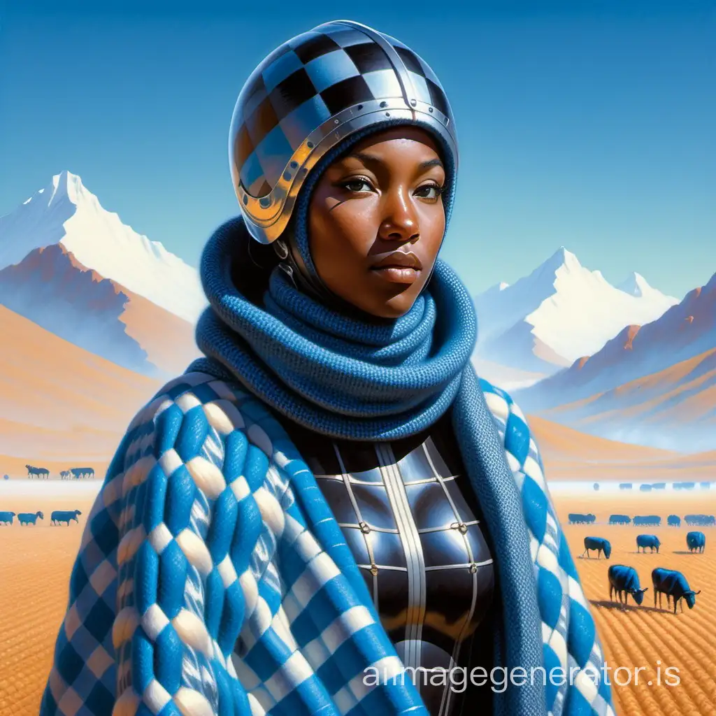 A young, tall, black herdswoman I a traditional blue checkered woven woollen blanket and silver helmet. Moebius style fantasy art.