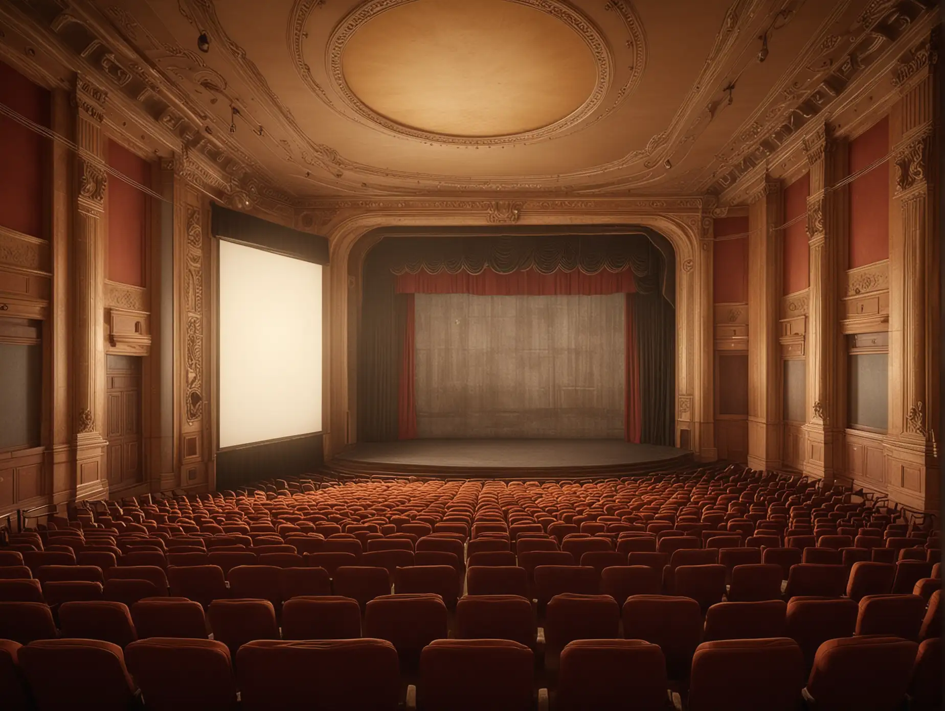 create a photo real image of an empty 1930s Italian cinema theater, magic hour, detailed, masterpiece,