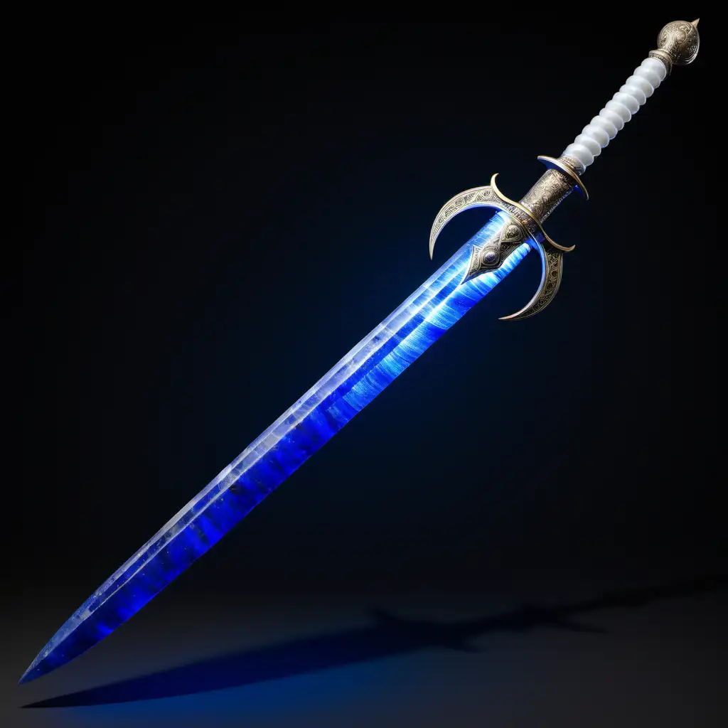 Luminous lapis saber with three shafts starting at the guard that spiral together into one shaft halfway up the sword.  The pommel and guard are pearl white.