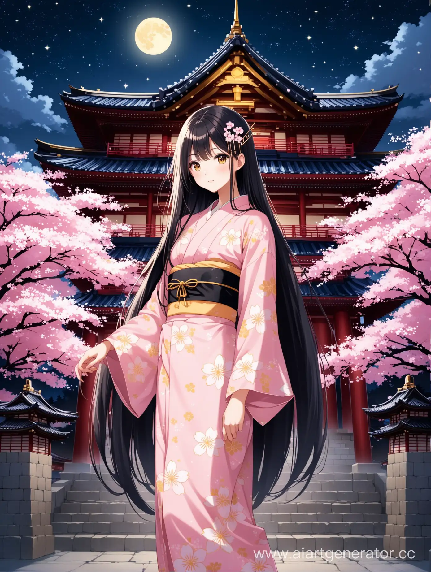 Elegant-Teenage-Girl-in-Sakura-Kimono-at-Night-Temple