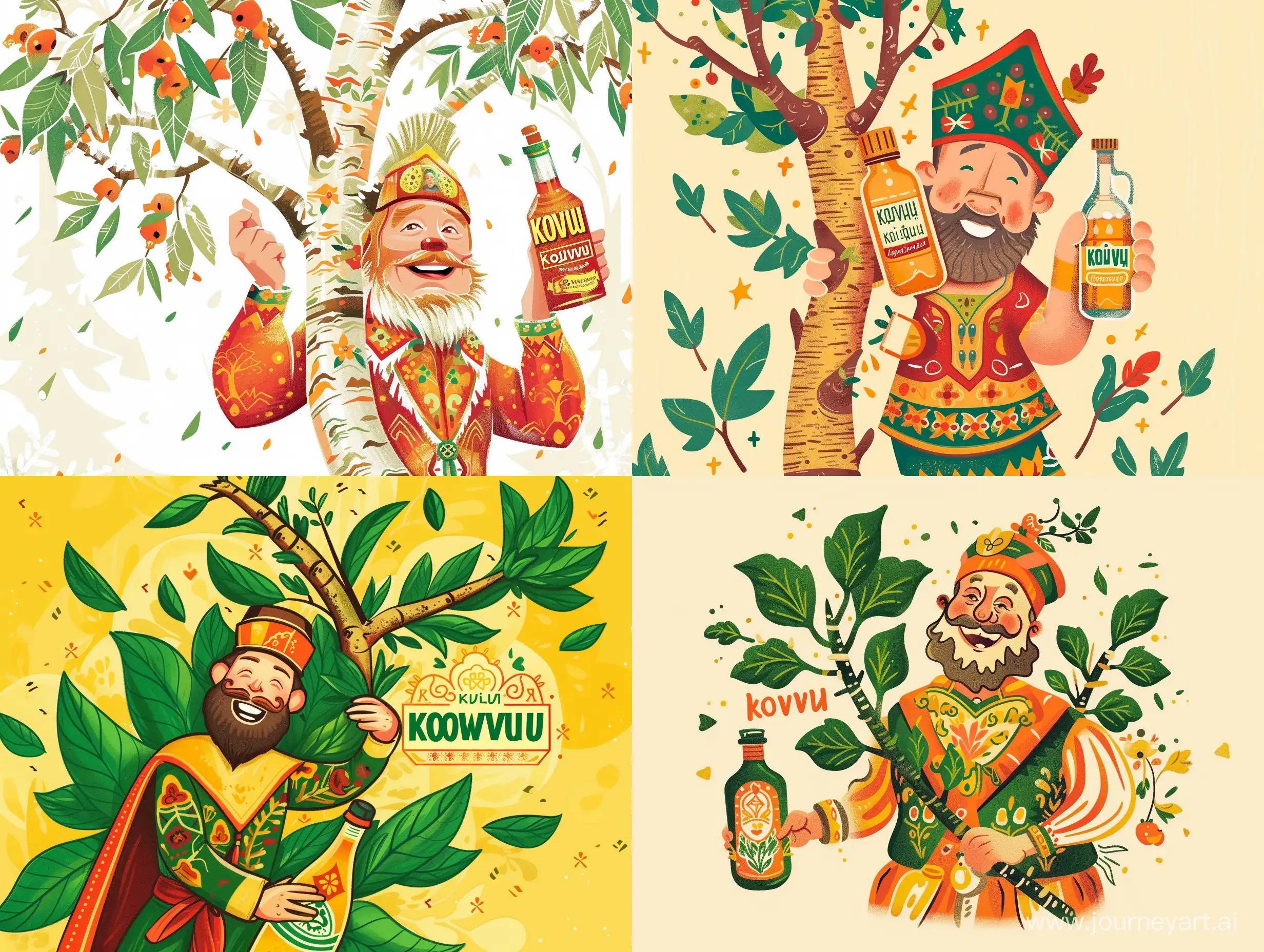 "Koivu"- березовый сок, на логотипе изображена береза которую обнимает веселый русский мужчина в национальном костюме, у него в руке квас фирмы  "Koivu"