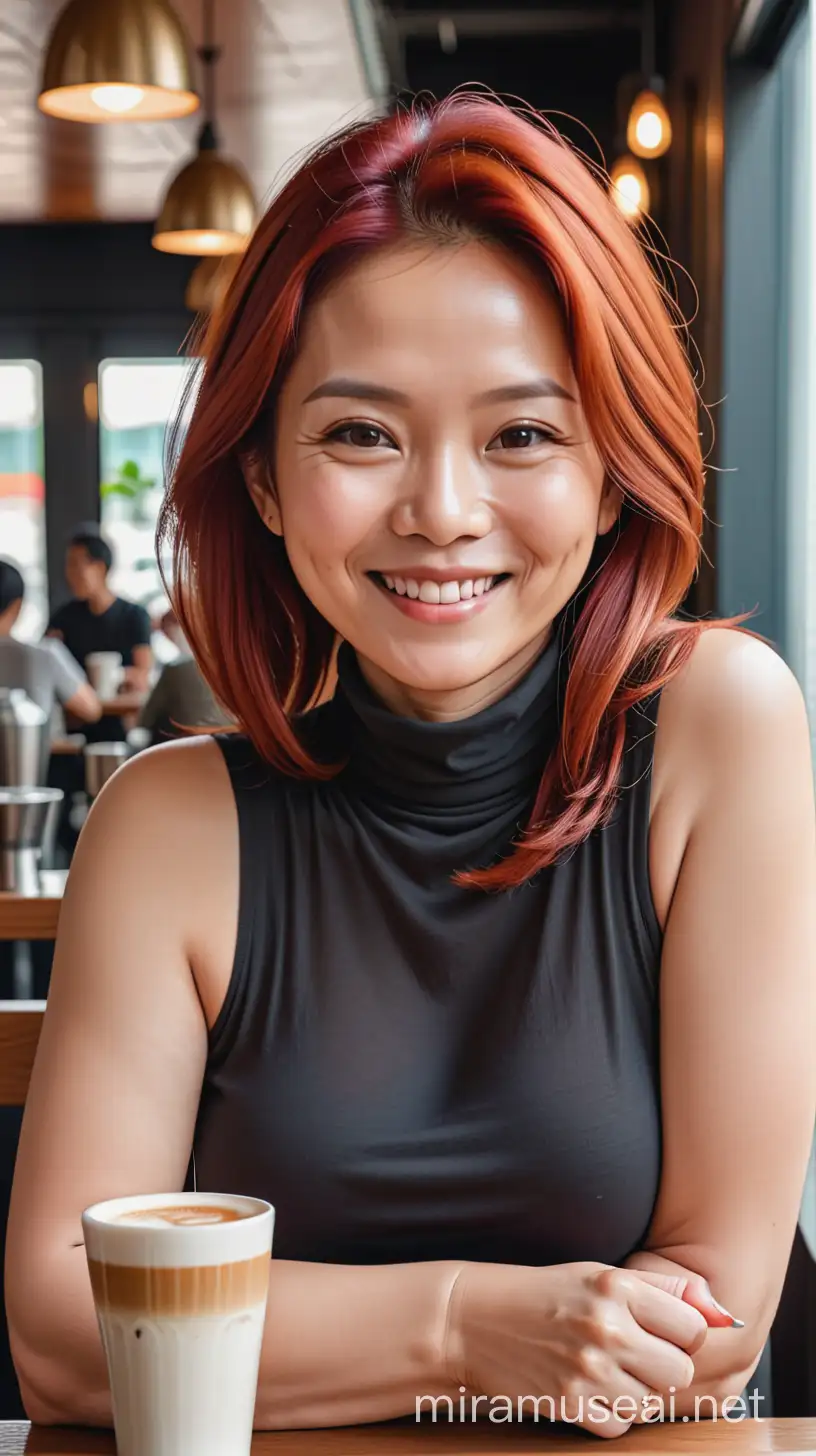 Indonesian woman, 40 years old, slightly fat, shoulder length red hair, wearing a sleeveless turtle neck t-shirt, smiling, holding a glass of coffee in a cafe