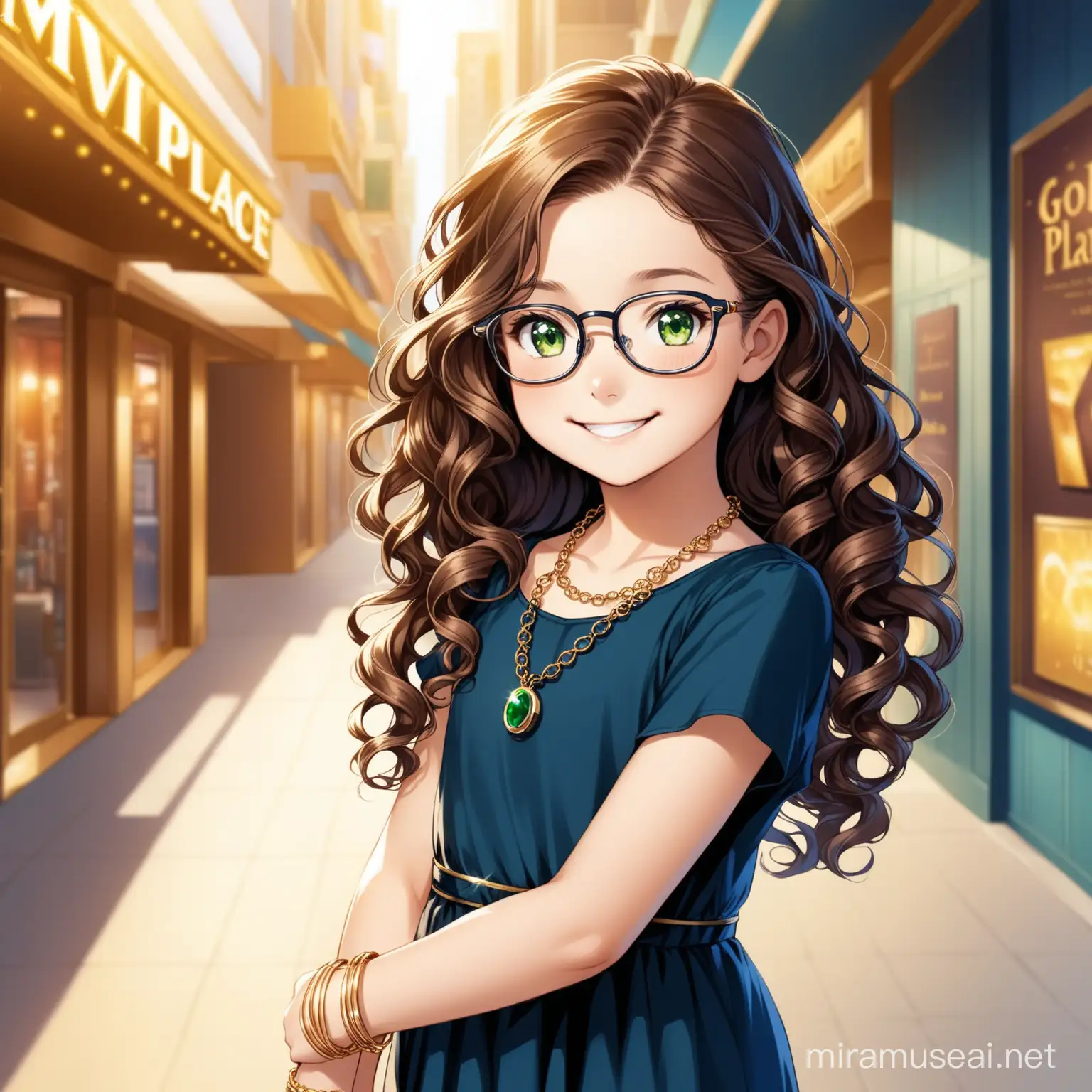 11 year old girl, long hair curly brown ringlets, green eyes, smiling, black glasses, long one sleeve dark blue dress, gold necklace, gold bracelet, movie star place, 
