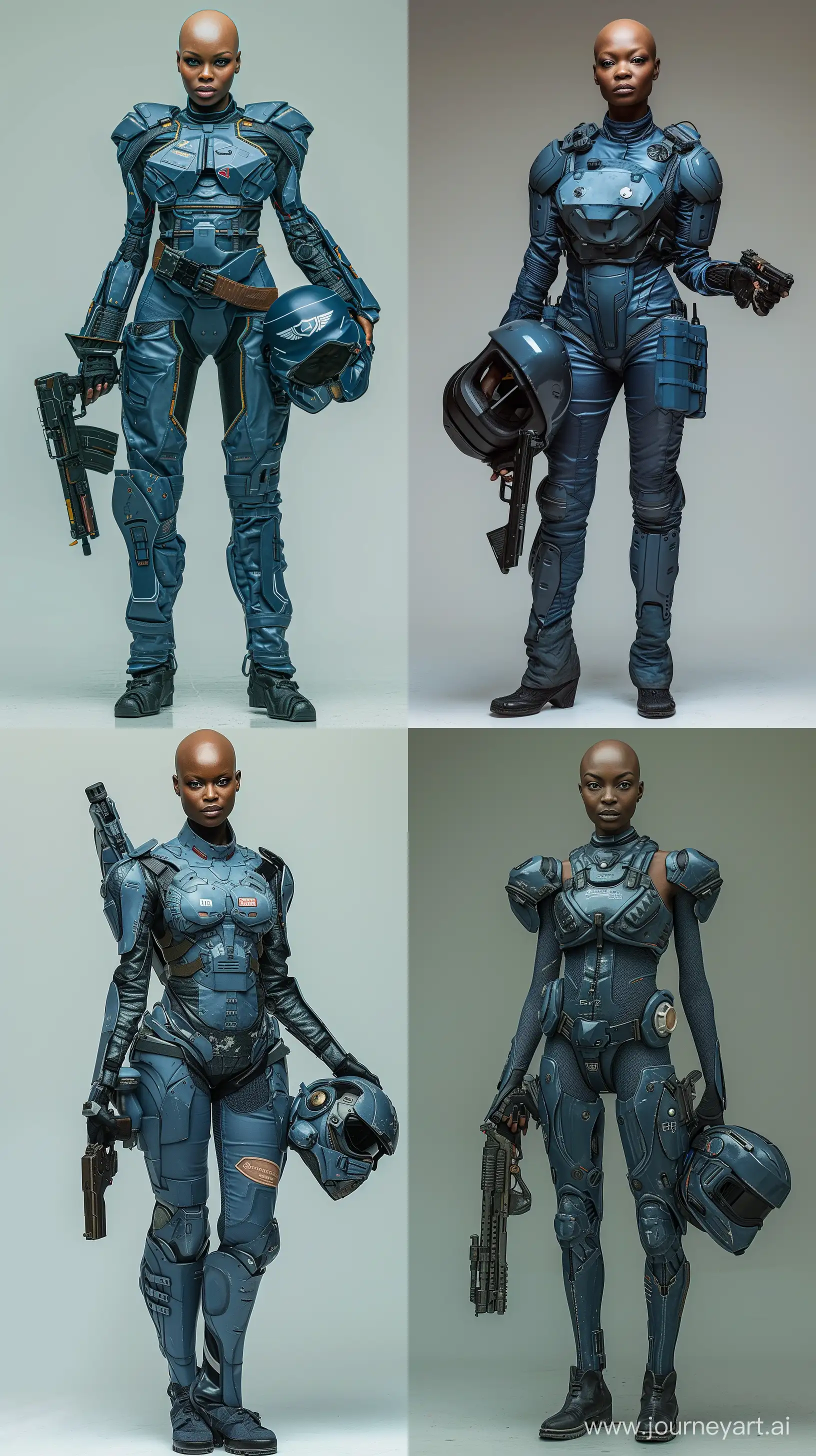 A tall thin bald black woman wearing a suit of blue armor and holding a futuristic gun and holding helmet under her arm. hyperrealistic photograph. entire body shown. feet shown.  retro science fiction style. square face shape. --ar 9:16
