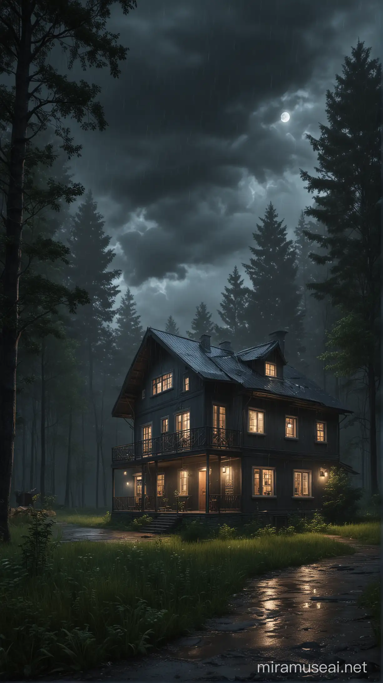 Rumah di hutan . Suasana hujan malam tampak mendung langit gelap. Realistic