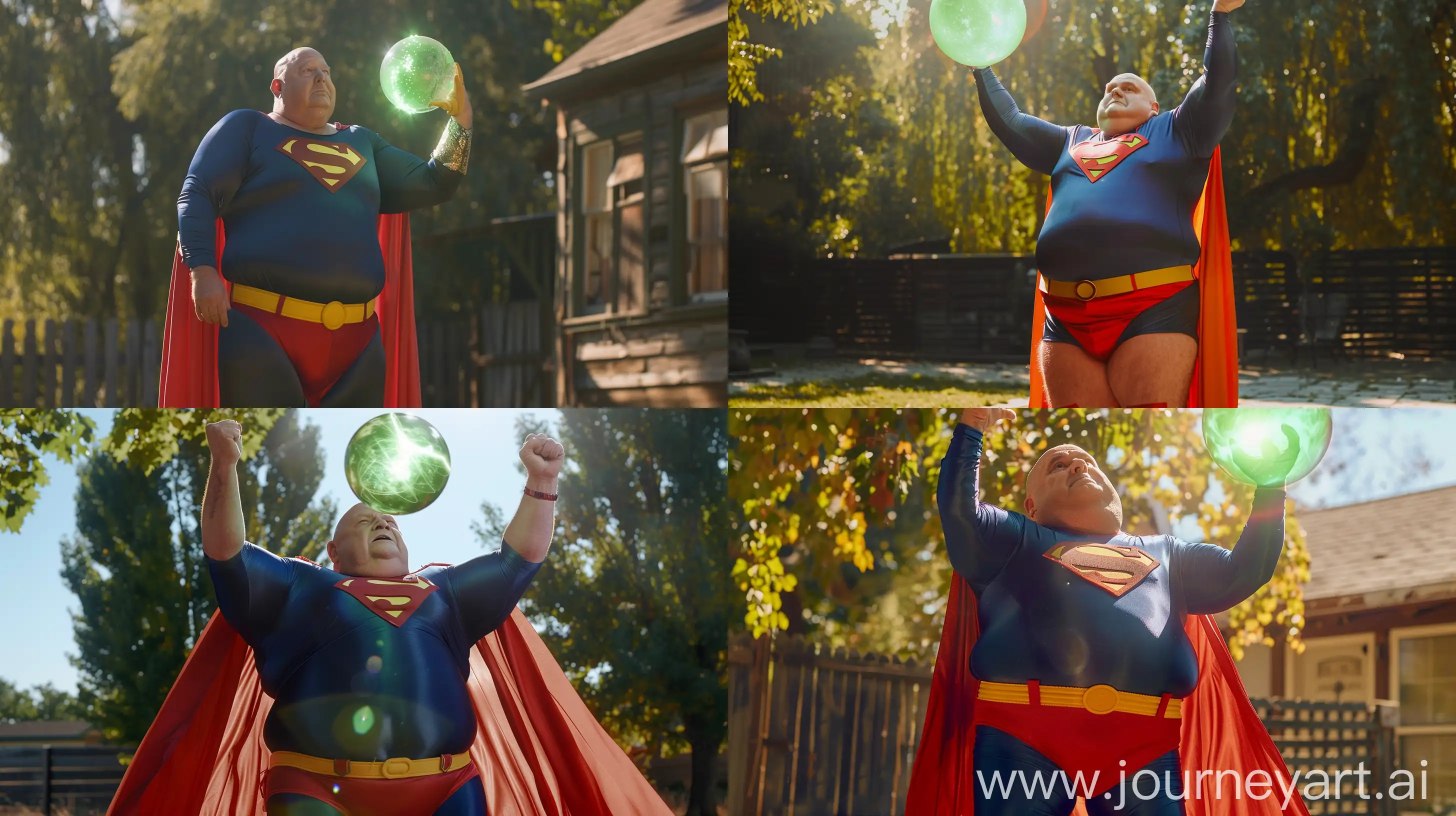 Front close-up photo of a fat man aged 60 wearing silk navy blue complete superman tight uniform with a large red cape, red trunks, yellow belt, red boots. Lifting a bright green glowing ball off the ground. Outside. Bald. Clean Shaven. Natural light. --ar 16:9