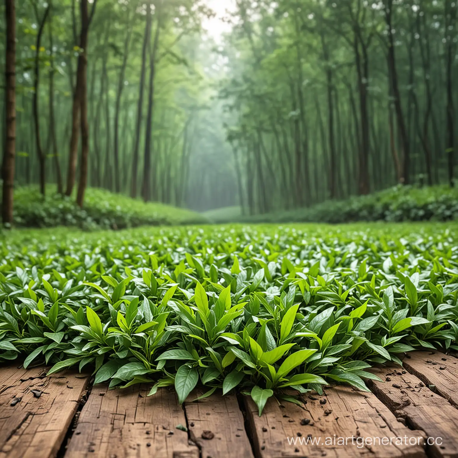 лежащие свежие чайные листья, на фоне китайский лес
