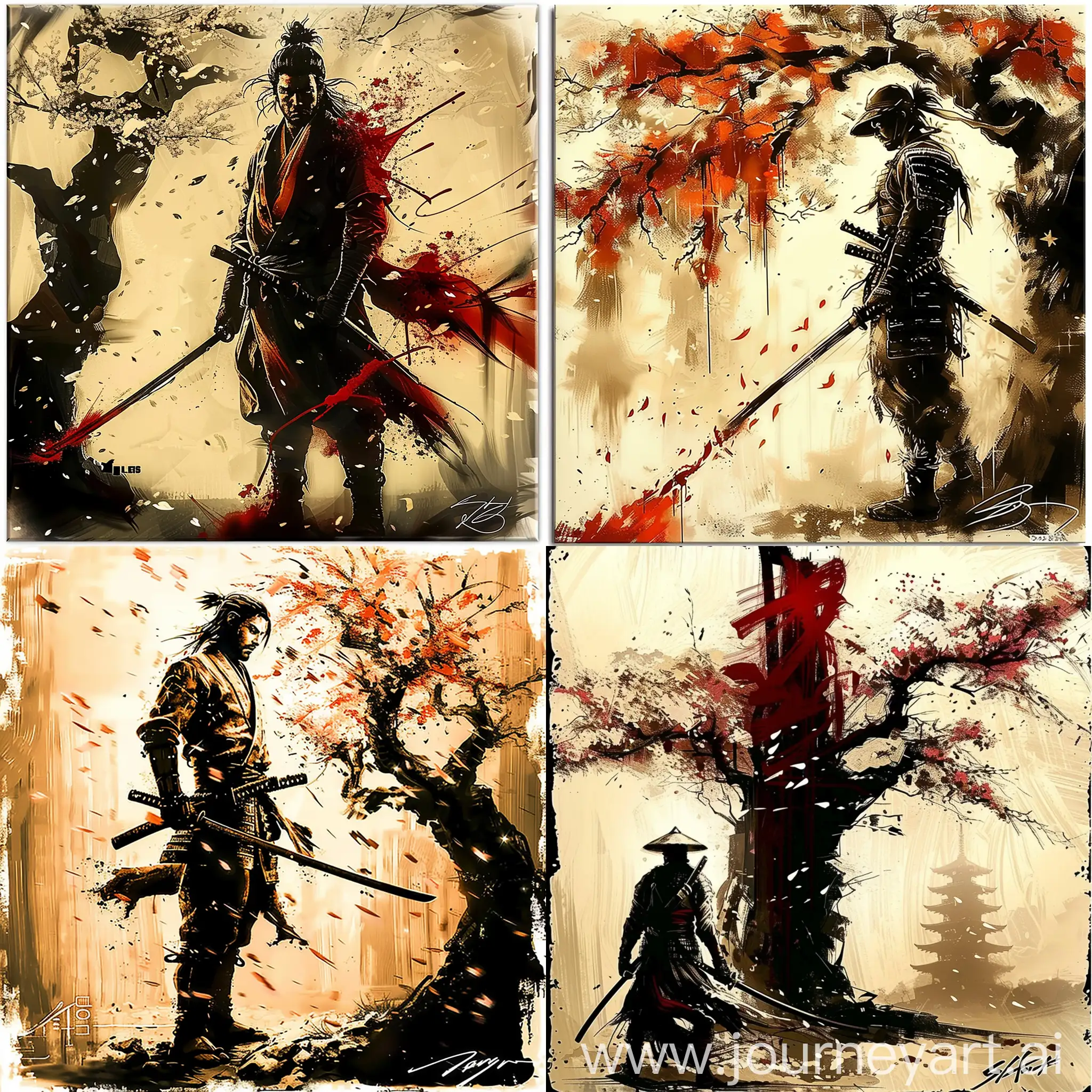 /imagine A samurai in a katana standing in a fighting stance near an ancient sakura tree, winter, falling snow flakes, wind effect --sw 500 --sref https://i.postimg.cc/L4xCbKn8/photo-2024-02-29-20-06-10.jpg