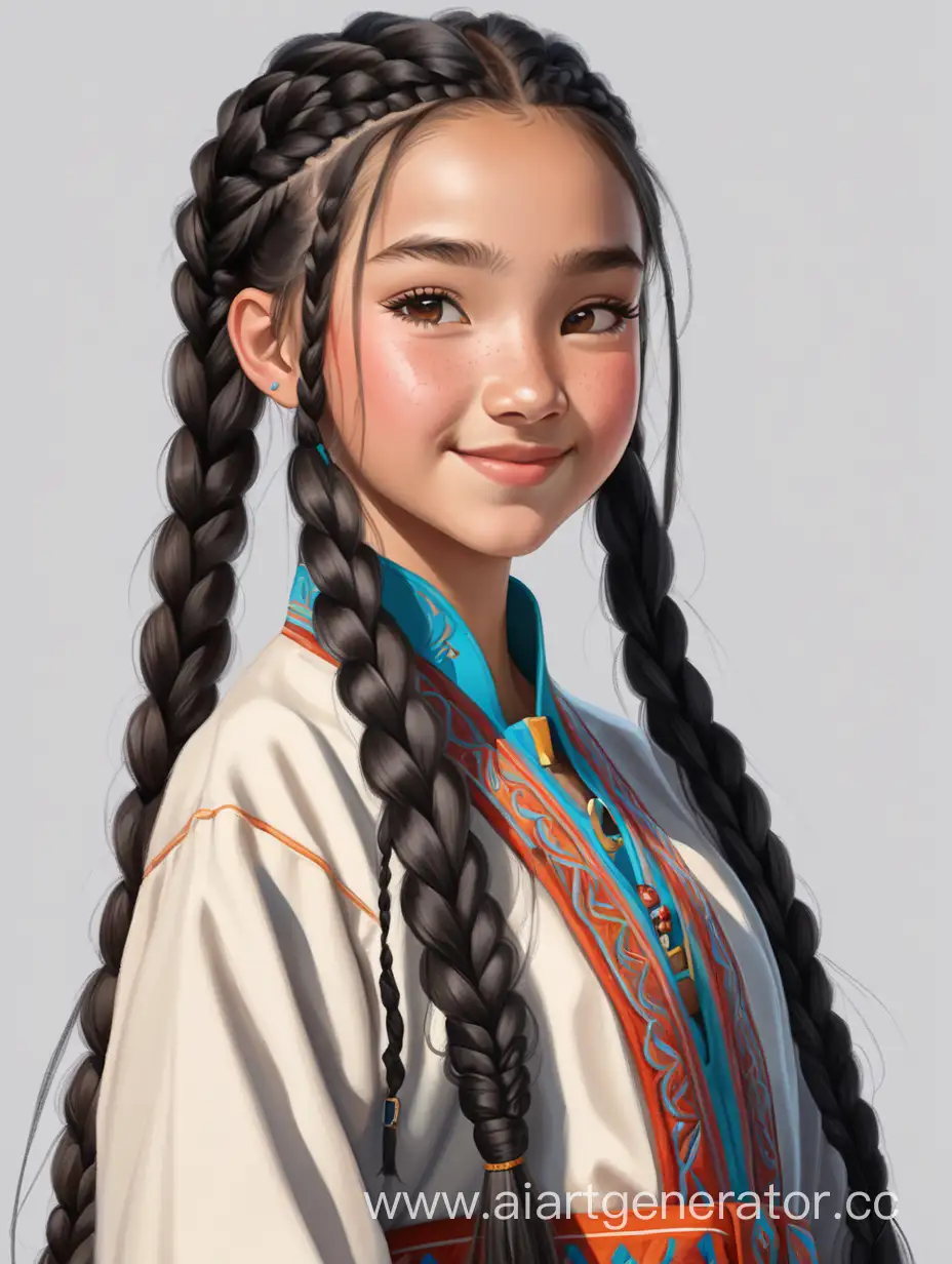 Concept art at full-hight. Fifteen-year kazakh girl, wearing traditional clothes, with long black braids. Self-confident pose, happy and kind face expression.