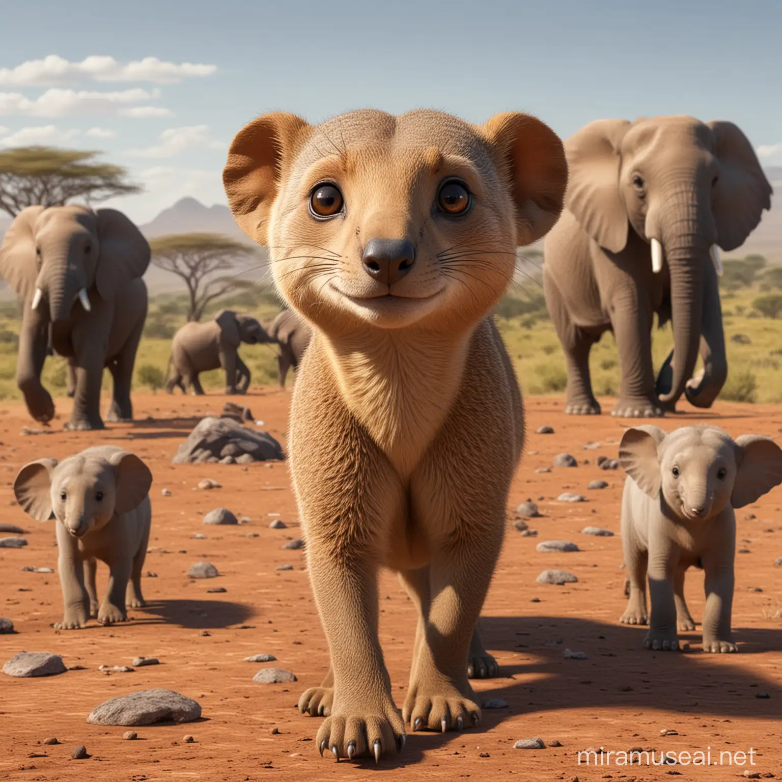 A cute small female cartoon style mongoose with human-like features in the foreground facing forwards. With some elephants far in the distance in an african landscape 
