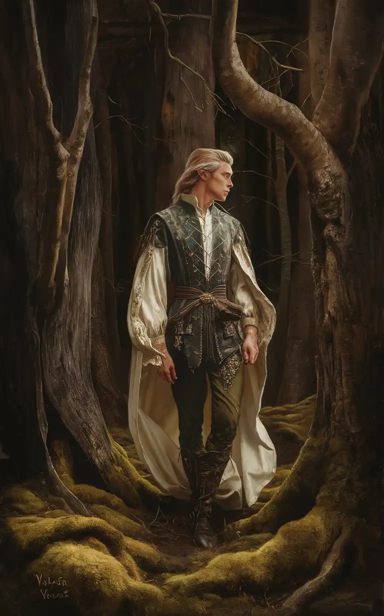 oil painting of dark mysterious Russian forest,  beautiful lotr male elf wearing outfit that is the perfect mixture of elven style and Russian folk style, old trees, crooked branches, soft moss, warm dark color palette, Naturecore aesthetic, babacore, folklore, by Viktor Vasnetsov