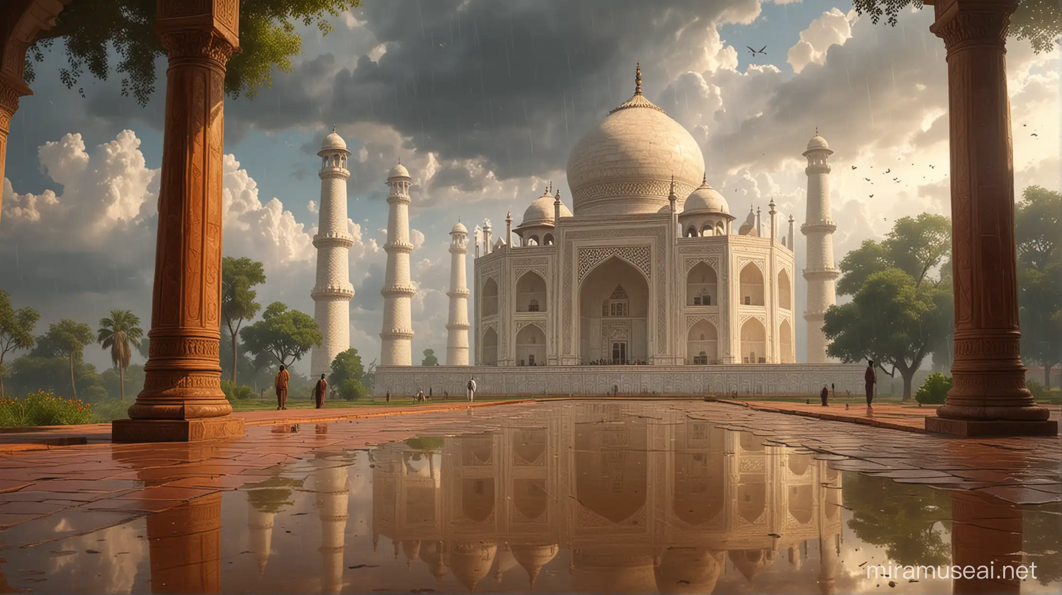 Taj Mahal under a lucid post-rainfall sky, sunlight bathing the scene, ethereal transparency, corner puddle reflecting monument and foliage, conveying tranquility, serenity of after-rain atmosphere, clear reflections, subtle light-dispersal, digital painting, golden ratio, vivid colors, highly detailed.