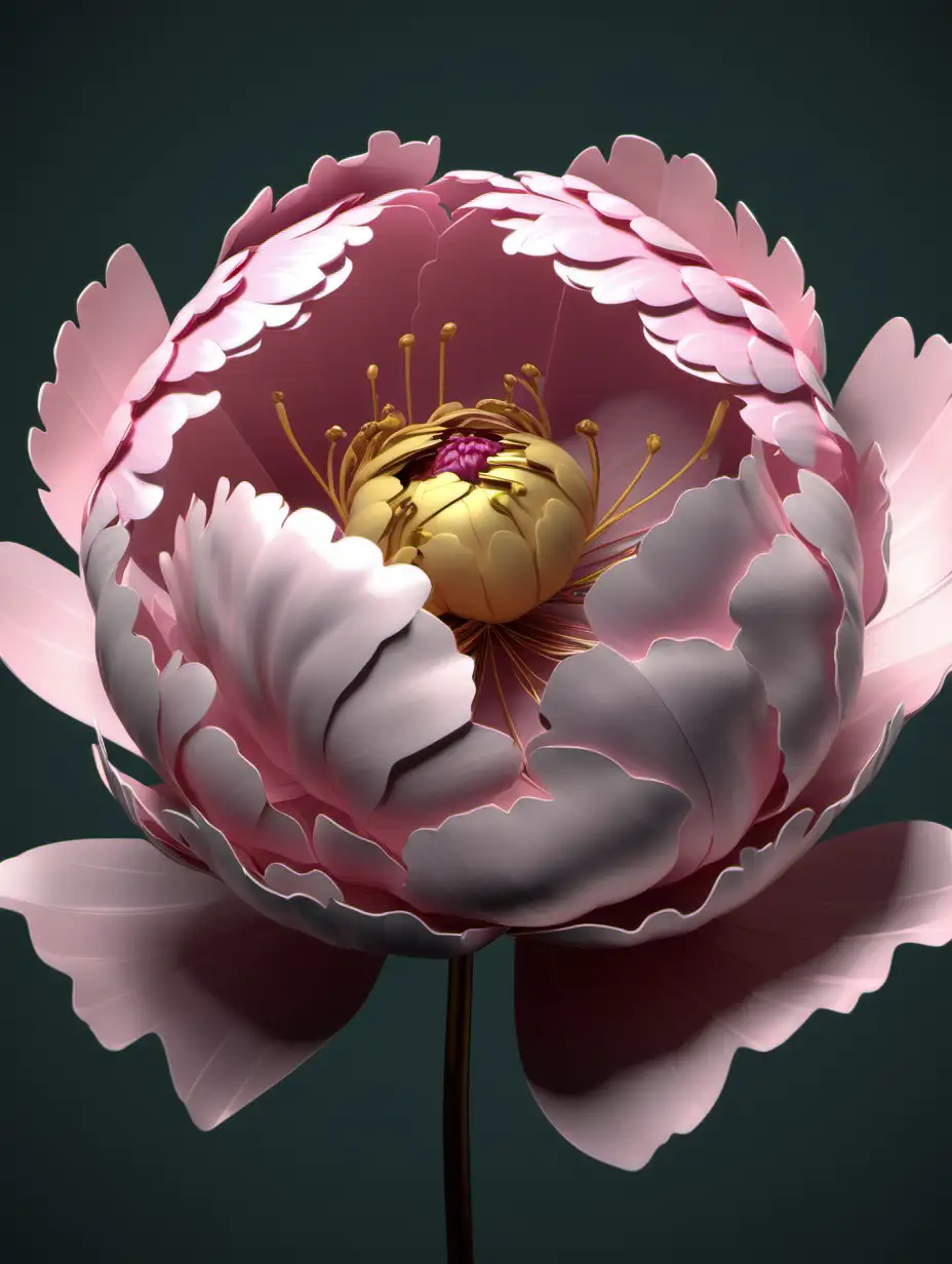 Create a lush 3D model of a peony, highlighting the fullness of the flower and the layers of soft, ruffled petals. Pay attention to the intricate details in the center of the peony.