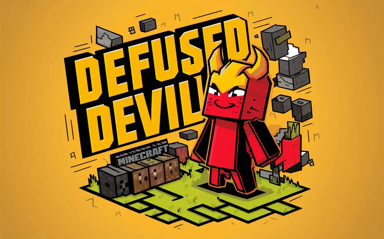 make minecraft channel art with text " defused devil " use bright yellow colour