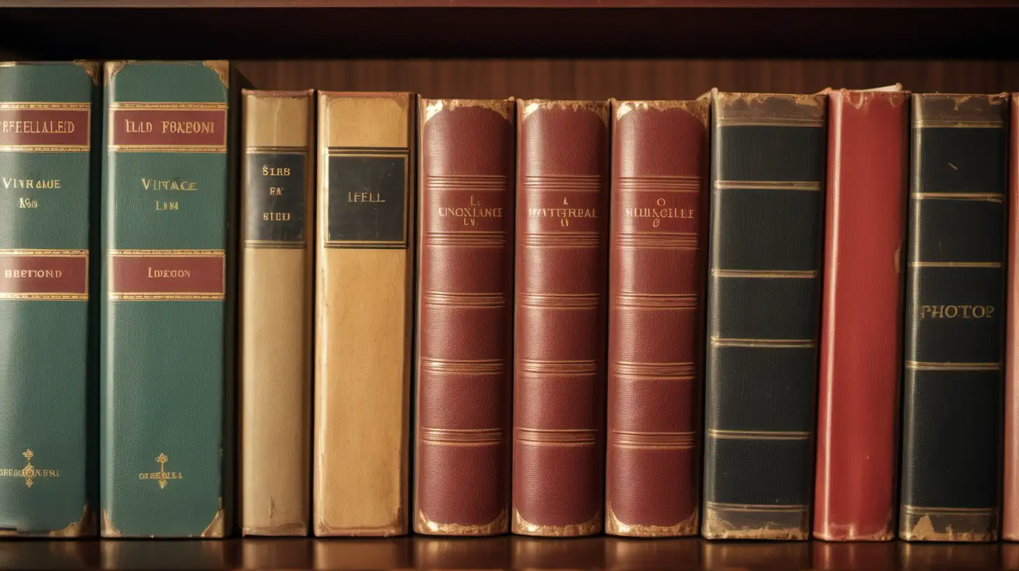 film camera photo showing close-up of vintage books on a shelf , long close composition suitable for background image,