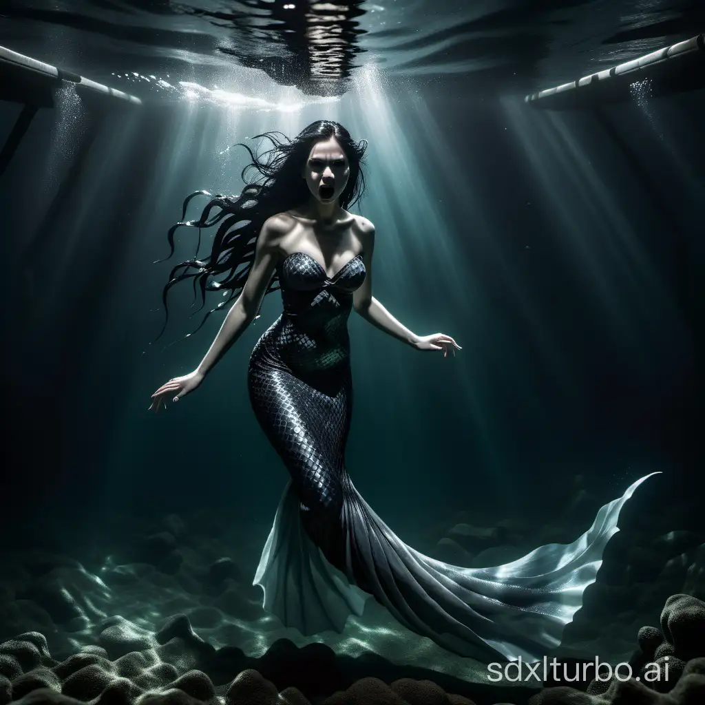 Full body image of a young evil siren, lurking underwater, dark deep water, long flowing black hair, sharp facial features, pale grey skin, long black mermaid tail, sharp teeth, mythological siren monster, dynamic pose, snarling angry expression, dynamic lighting, eerie lighting, horror
