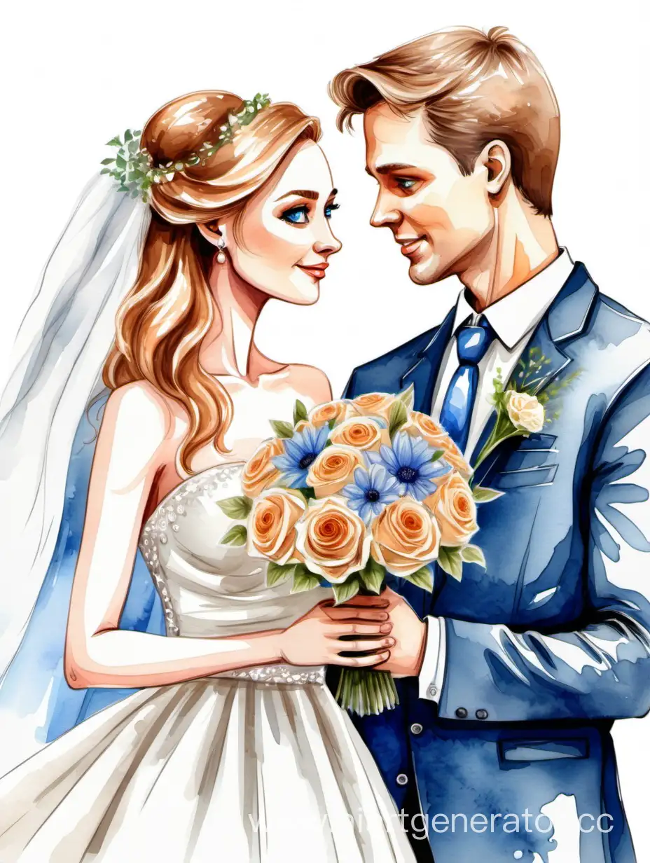 Мульт, акварель, вектор, жених с невестой стоят смотрят друг на друга,  светло-русые волосы, голубые глаза, у невесты в руках красивый букет, детальная прорисовка,  высокая детализация 