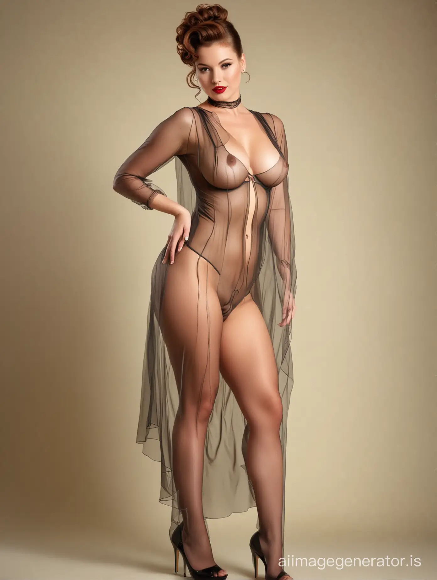 Voluptuous nude woman in a sheer body stocking in the style of Gil elvgren