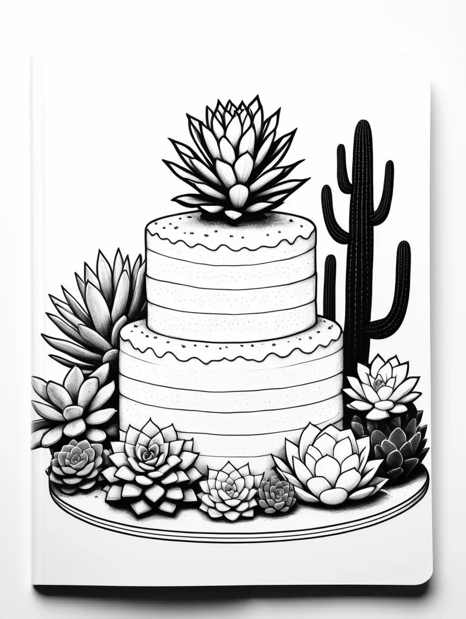 Minimalist Coloring Book with Succulents and White Cake
