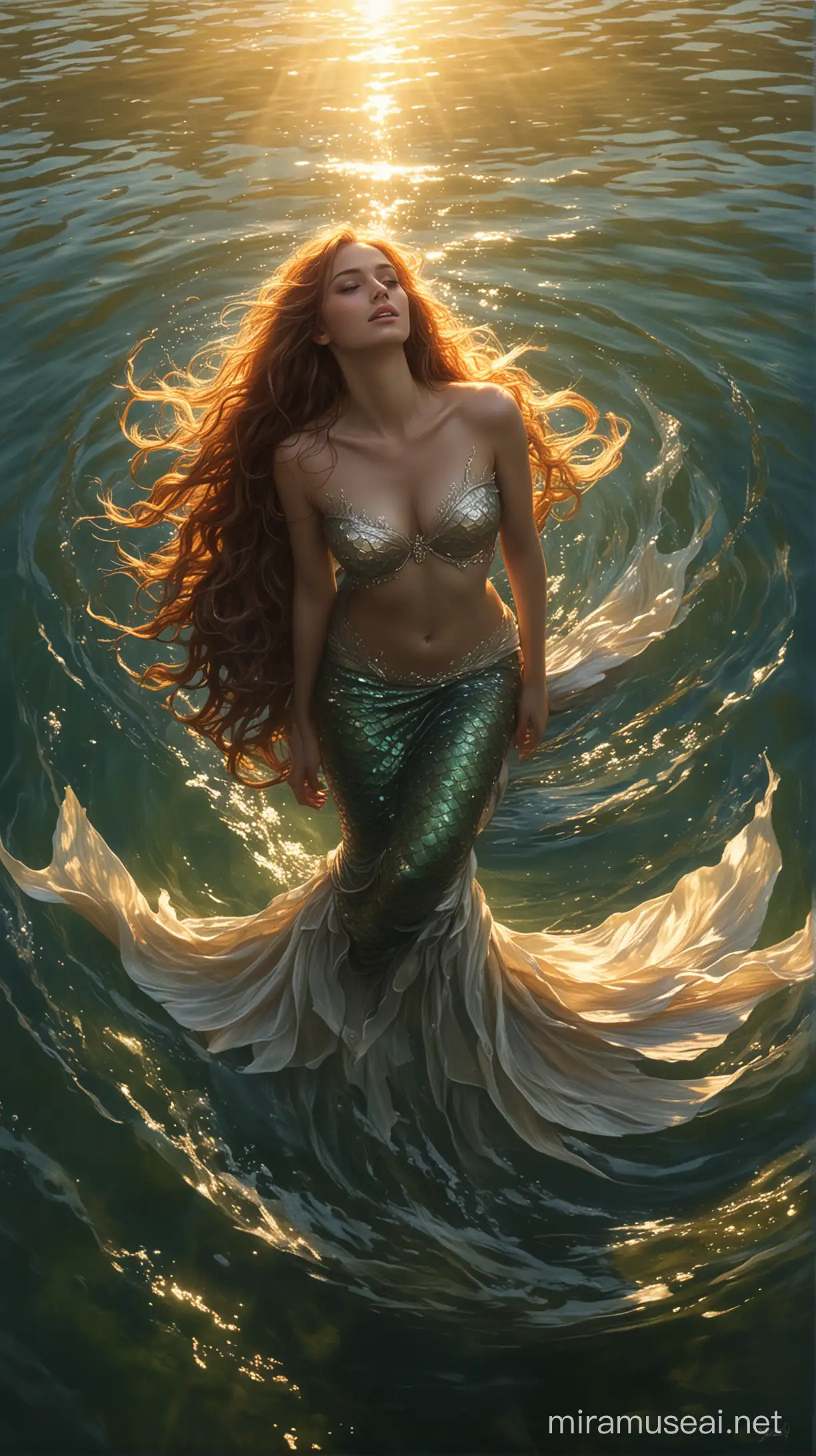 The light from the angel of love reflects on the water, creating soft shadows on Dung the mermaid's face, creating a dramatic painting.