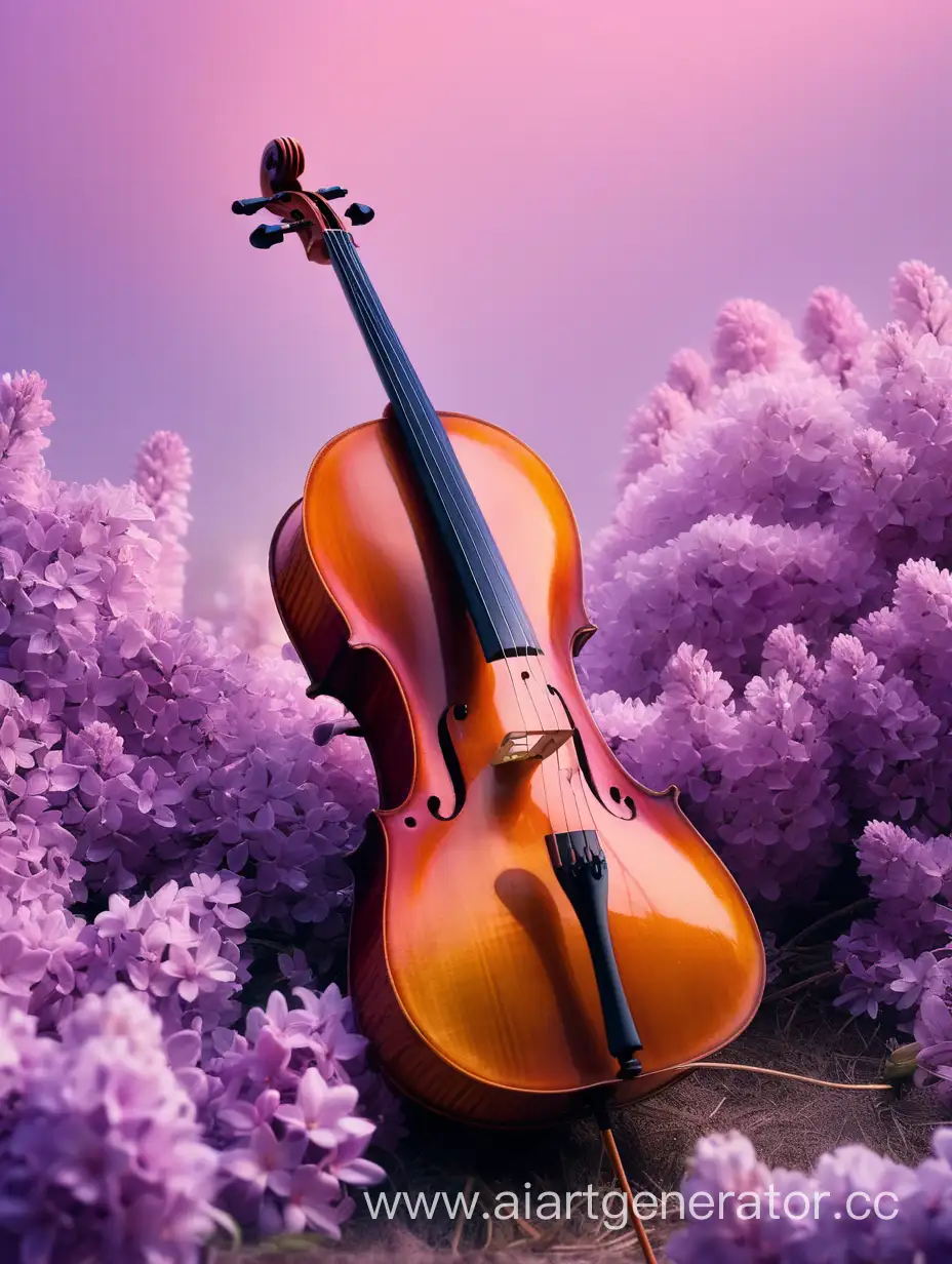 виолончель лежит на боку в цветах сирени, а сверху красивая розовая дымка