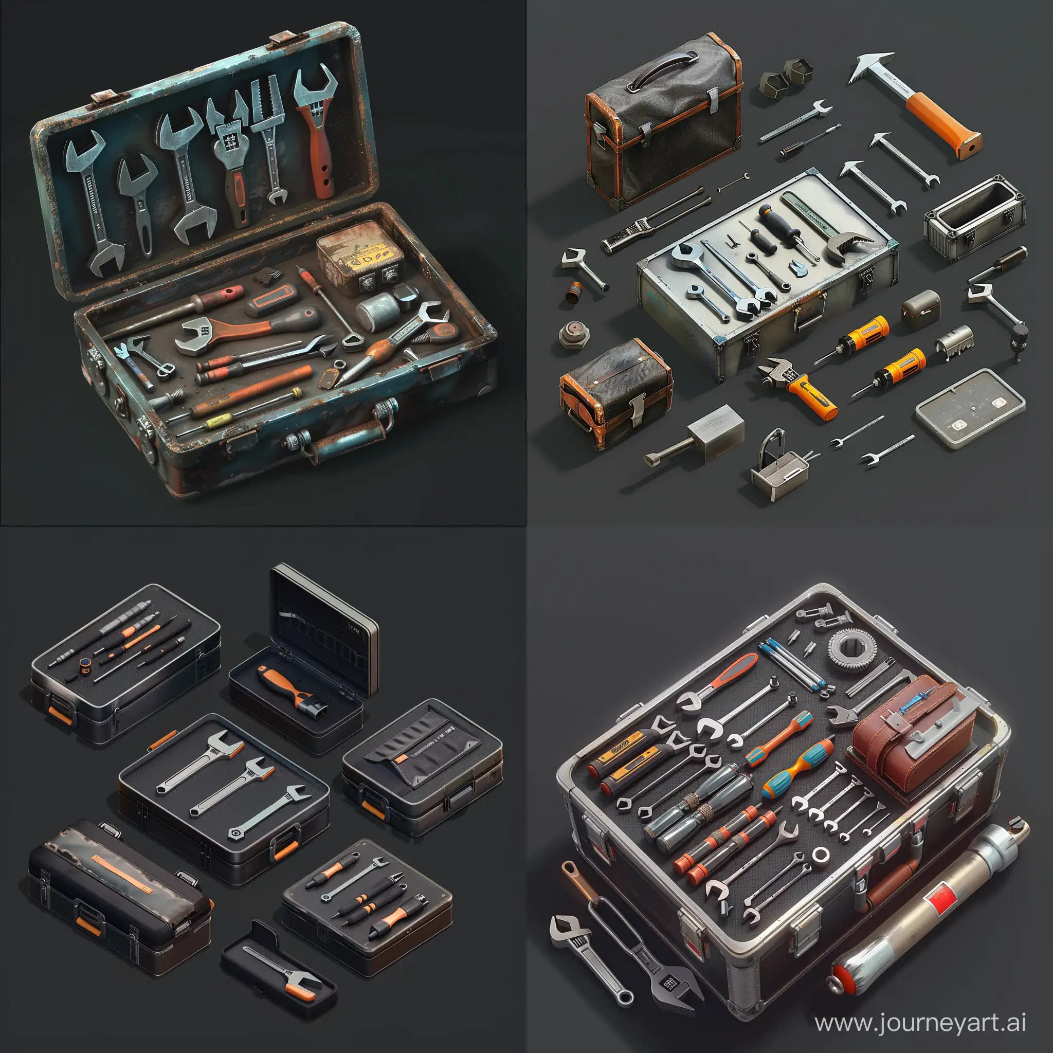 isometric set, worn, very realistic, repair tool kit instruments kit stored in simple metal box, isometric set, 3d rendered, less details, no handles