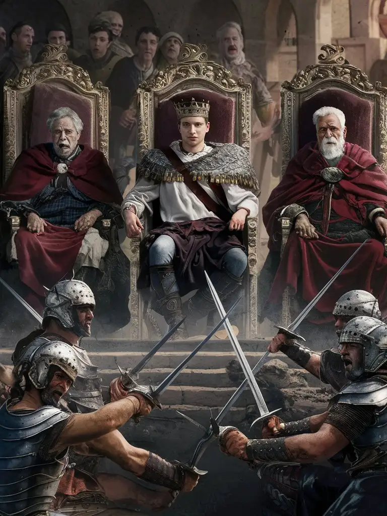 A 24-year-old king and six old kings are sitting in special seats watching a gladiatorial swordfight.