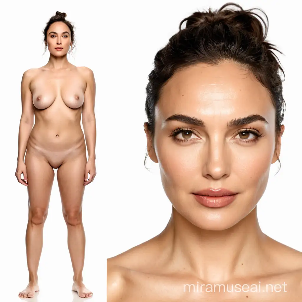  HD photo with very high sharpness, Gal Gadot, full frontal nudity, full figure in front full length view, amateur body, standing in t-pose, with wrinkles, cellulite and moles, hyperrealistic frontal view photo,a, on white background 8k