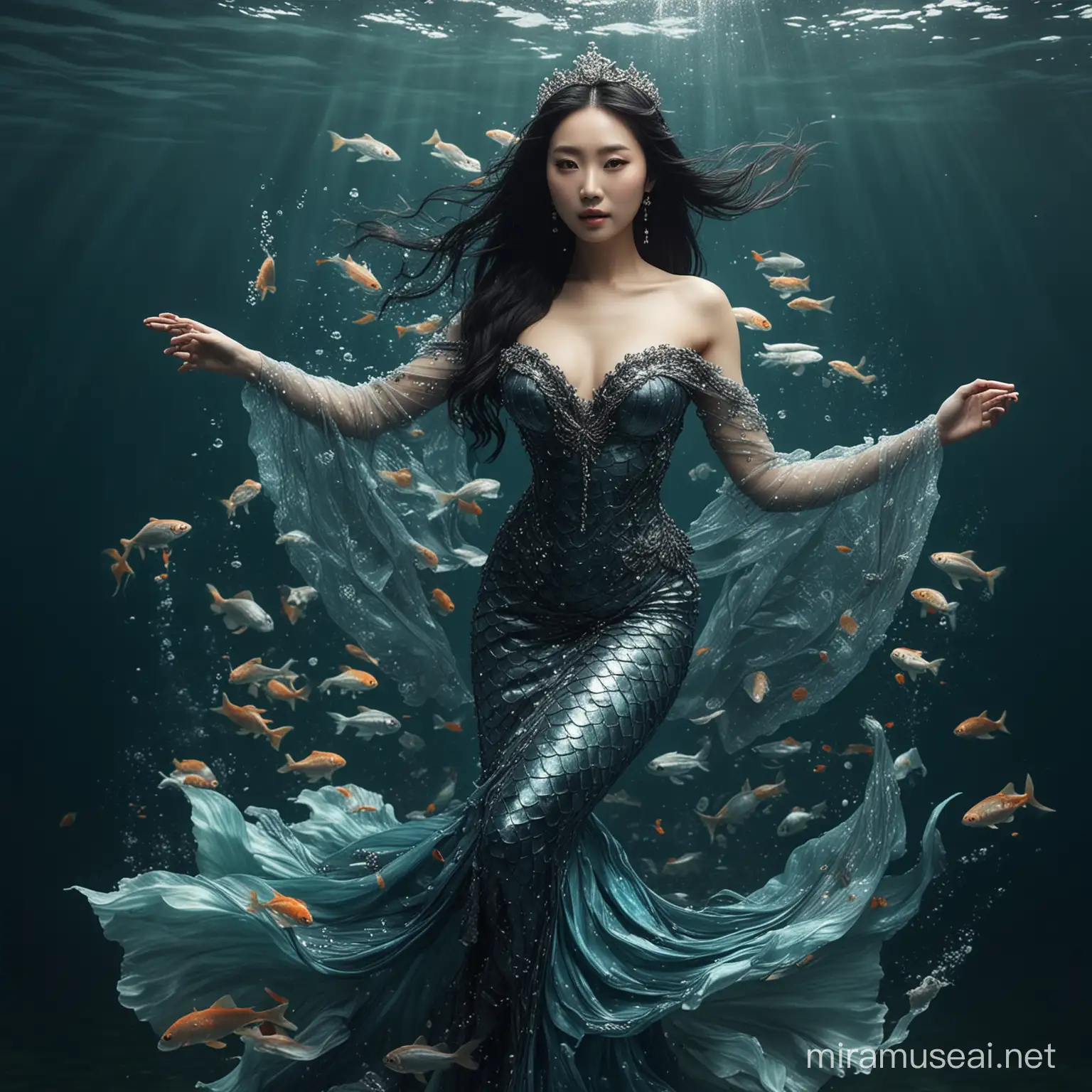 full body of a woman in a dress with fish in the background, queen of the sea mu yanling, real photoshoot queen of oceans, portrait of mermaid queen, portrait of black mermaid, portrait of mermaid, jingna zhang, beautiful mermaid, asian female water elemental, goddess of the ocean, closeup fantasy with water magic, wenfei ye, inspired by Wen Jia