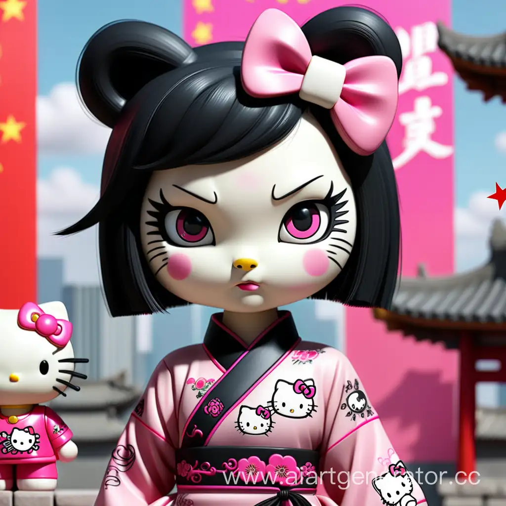 Hello kitty with eyelashes, with black hair and a Chinese hairstyle in a Chinese dress, with punk pink details against the backdrop of a holiday in China