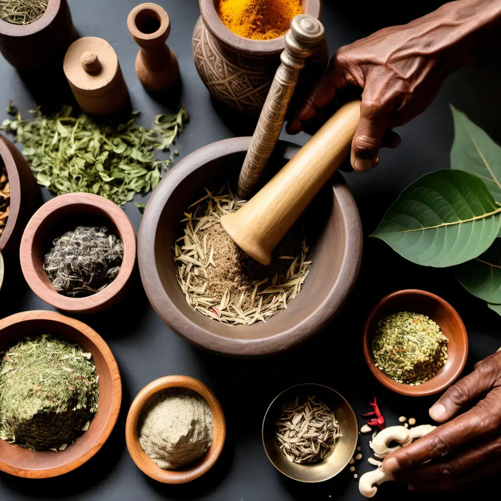 a close up of a hand of a rishi grinding some herbs in a pestle and mortar along with some ancient Ayurvedic tools surrounded by some Ayurvedic herbs like ashwagandha shatawar safed musli nut meg and ancient Ayurvedic setup