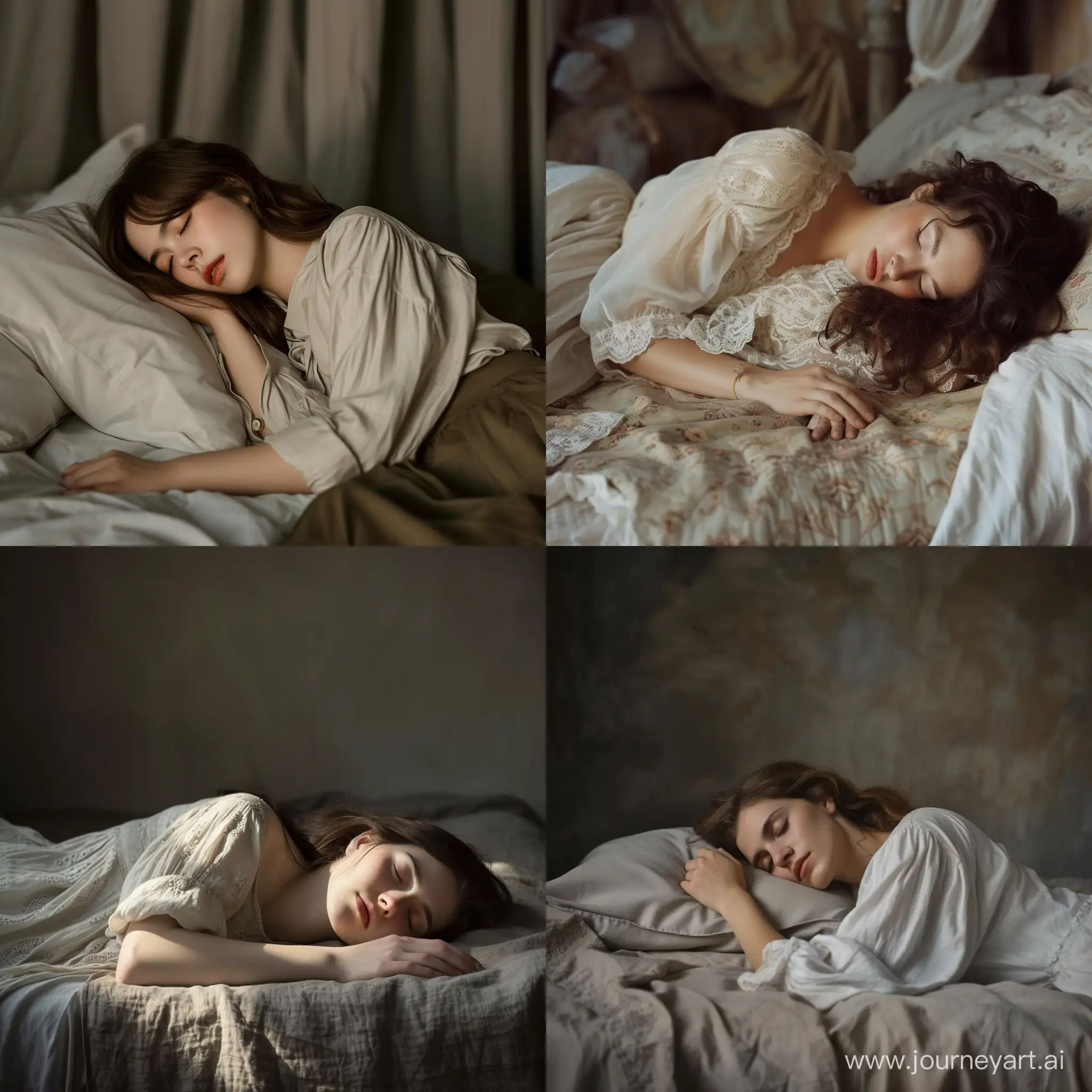 Женщина спит на кровати. Реалистичное фото в современном стиле.